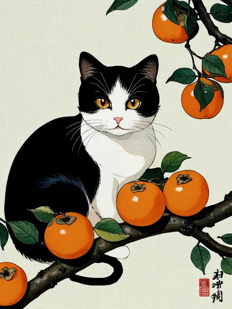 (Masterpiece), persimmon branches, cat, simple background