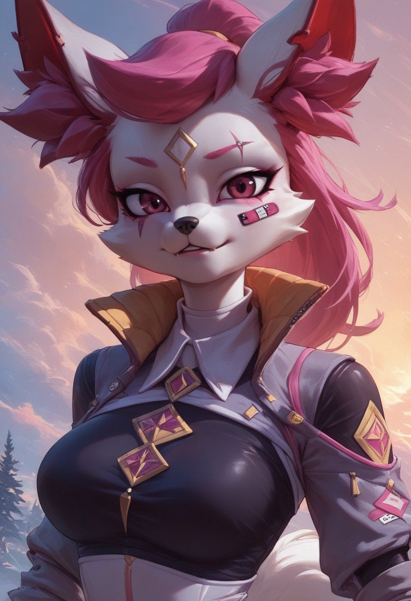 score_9, score_8_up, score_7_up, ultra quality, 1girl, Kimikoxl, anthro, fox girl, ponytail, eyescar, white fur, pink hair, ponytail, animal ears, animal nose, pink eyes, face markings, big breasts, bandaid on face, bodysuit, collared jacket, long sleeves, upper body, white gloves, kawaii pose outdoors, sunny, looking at viewer