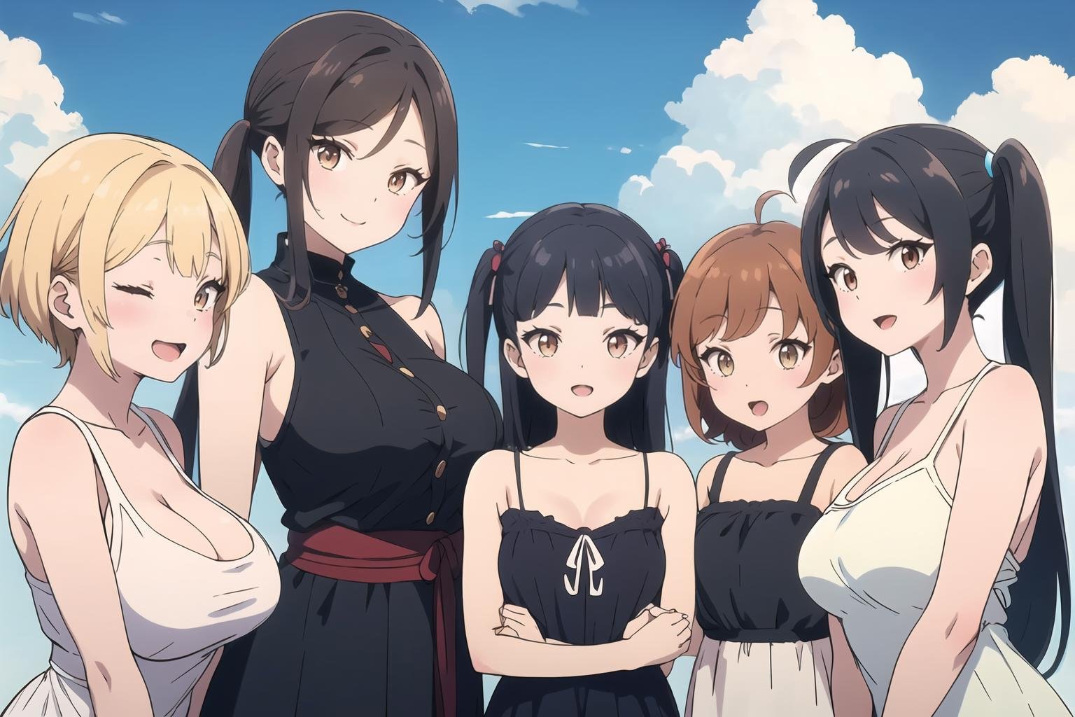 multiple girls, black hair, brown hair, 4girls, smile, closed eyes, short hair, brown eyes, breasts, long hair, ahoge, outdoors, open mouth, hand on own chest, dress, large breasts, twintails, day, sky, bangs, looking at viewer, blunt bangs, red hair, collarbone, cloud,<lora:Platinum_Anime_Hentai_CG_Helper_R1:0.8>