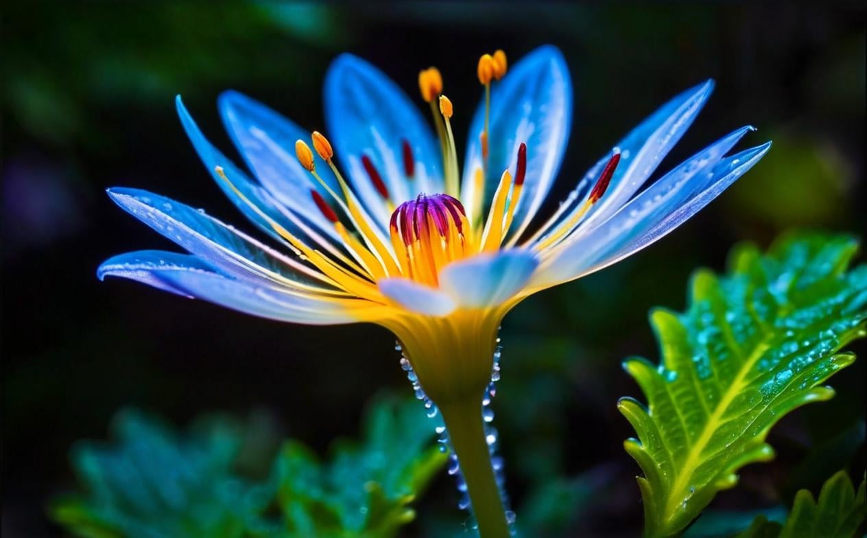 (macro photo), a flower with a ethereal complex colors, a mesmerizing bioluminescent forest, colorful