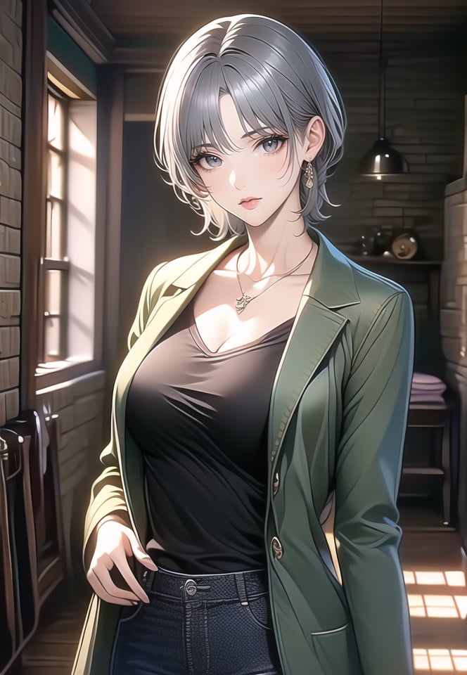 (best quality), ((masterpiece)), (highres), illustration, original, extremely detailed,1girl, jewelry, solo, breasts, short hair, pants, earrings, necklace, grey hair, looking at viewer, shirt, black shirt, coat, cleavage, grey eyes, large breasts, bangs, collarbone, brick wall, black pants, shirt tucked in, closed mouth, indoors, open clothes