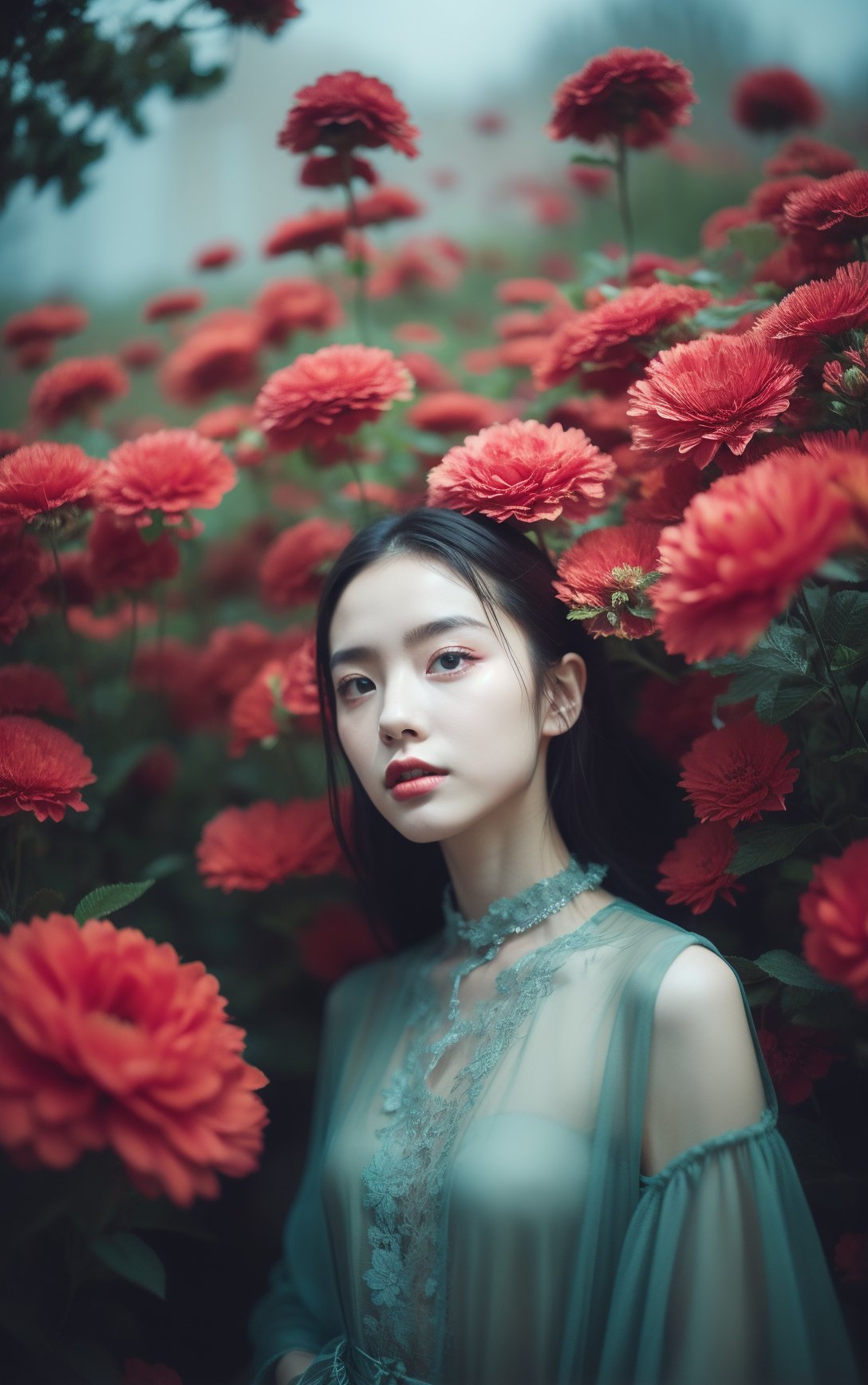 none,1girl,upper body,solo,melancholic,melancholy,nostalgic,a sense of solitude,petals,Surrealistic imagery,dreamlike atmosphere,vibrant and contrasting colors,intricate and detailed elements,outdoors,,