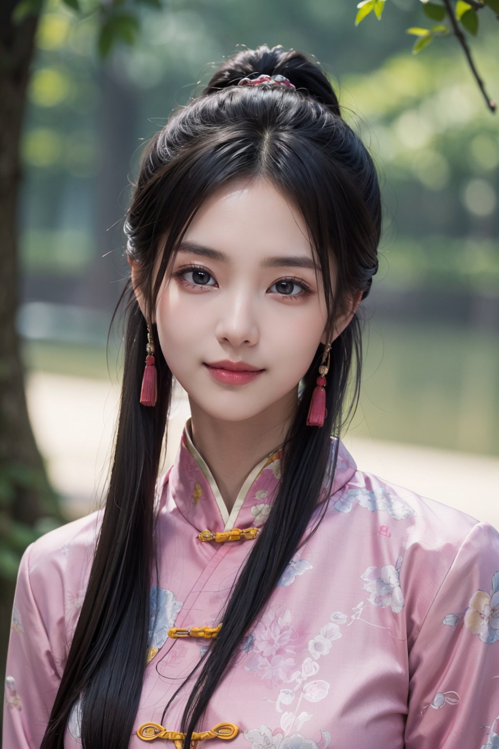 (best quality, masterpiece, 8K, ultra high res, realistic:1.3),(Beautiful and detailed face:1.2),(upper body:1.2),1girl,solo,looking at viewer,big eyes,small breasts,slim body,arms at sides,smile,(Extremely detailed pink chinese clothes:1.2),hairpin,architecture,east asian,riverside,forest,