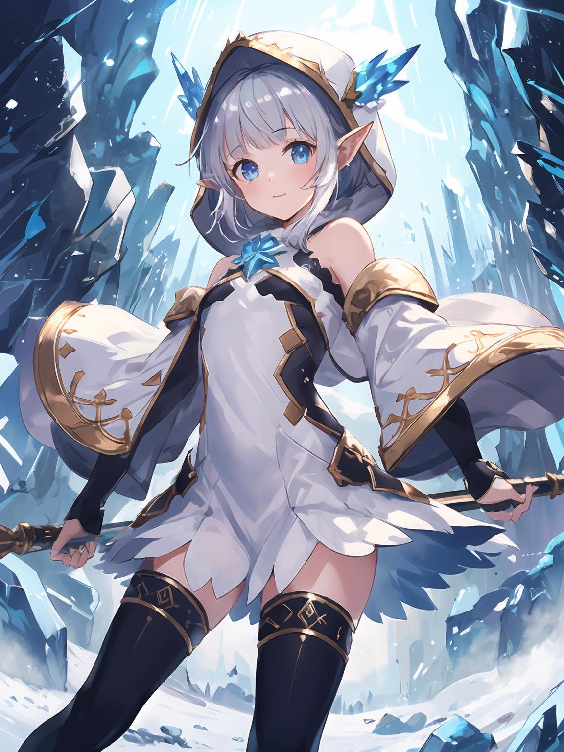 masterpiece,best quality,highres,cinematic lighting,dramatic angle,1girl,silver hair,hime cut,blue eyes,pointy ears,hair ornament,white dress,bare shoulders,elbow fingerless gloves,cross-laced black legwear,<lora:CygamesLilyV1-000018:0.8:lbw=1,1,0.1,1,1,0.1,0.1,1,1,1,1,1,1,1,1,1,1>,happy,looking at viewer,action pose,dynamic angle,winter,cowboy shot,wide sleeves,white robe,(hood:1.2),jacket,holding staff,blizzard,hypnosis,ice storm,crystal,