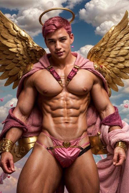 Photo of a man wearing cupid costume, (pink hair), wings, flying, halo, (pink toga robe), armor, (surrounded by clouds), ethereal, (seductive smile:0.6), <lora:Clothing - Gay Cupid Costume:0.3>, jewelry, heart, harness, realistic, masterpiece, intricate details, detailed background, depth of field