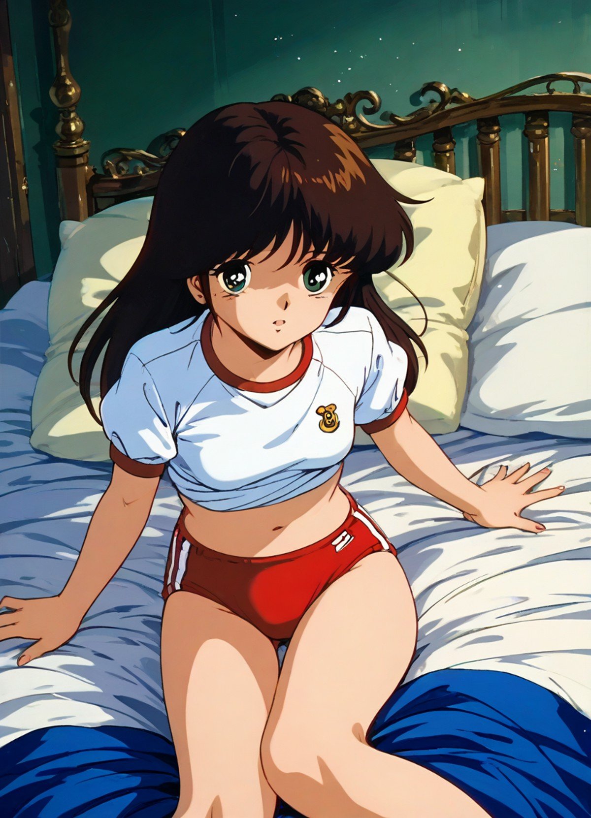 score_9, score_8_up, score_7_up, masterpiece, best quality, very aesthetic, absurdres, official art, official style, anime screencap, megami magazine, zPDXL2, zPDXLxxx, rating_safe, sfw, 1980s \(style\), retro artstyle <lora:Cream Lemon Nonomura Ami Pony v1_epoch_10:1.0>, 1girl, solo focus, cream_ami, (medium breasts:1.2), green eyes, BREAK, brown hair, bangs, BREAK, (buruma:1.3), gym uniform, 4fingers, 1thumb, <lora:neg4all_bdsqlsz_xl_V91:1.0> <lora:ALTXL_pony_0061_8:2.0>, <lora:Difference_SaturationEbaraPonyCoolTemperatureV2_1e04:1.0>, bedroom, on bed, (wariza:1.5), bed sheet, pillow, dim lighting, light particles, detailed background, detailed background,