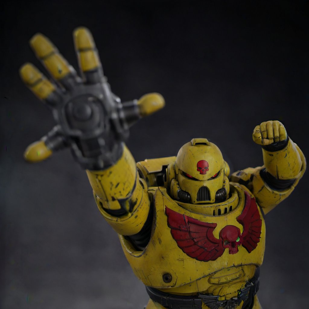 a yellow spacemarine robot, hand on the front, clenched fist on the back, cyberpunk city background, heat, skulls <lora:SpaceMarine1024:0.8>