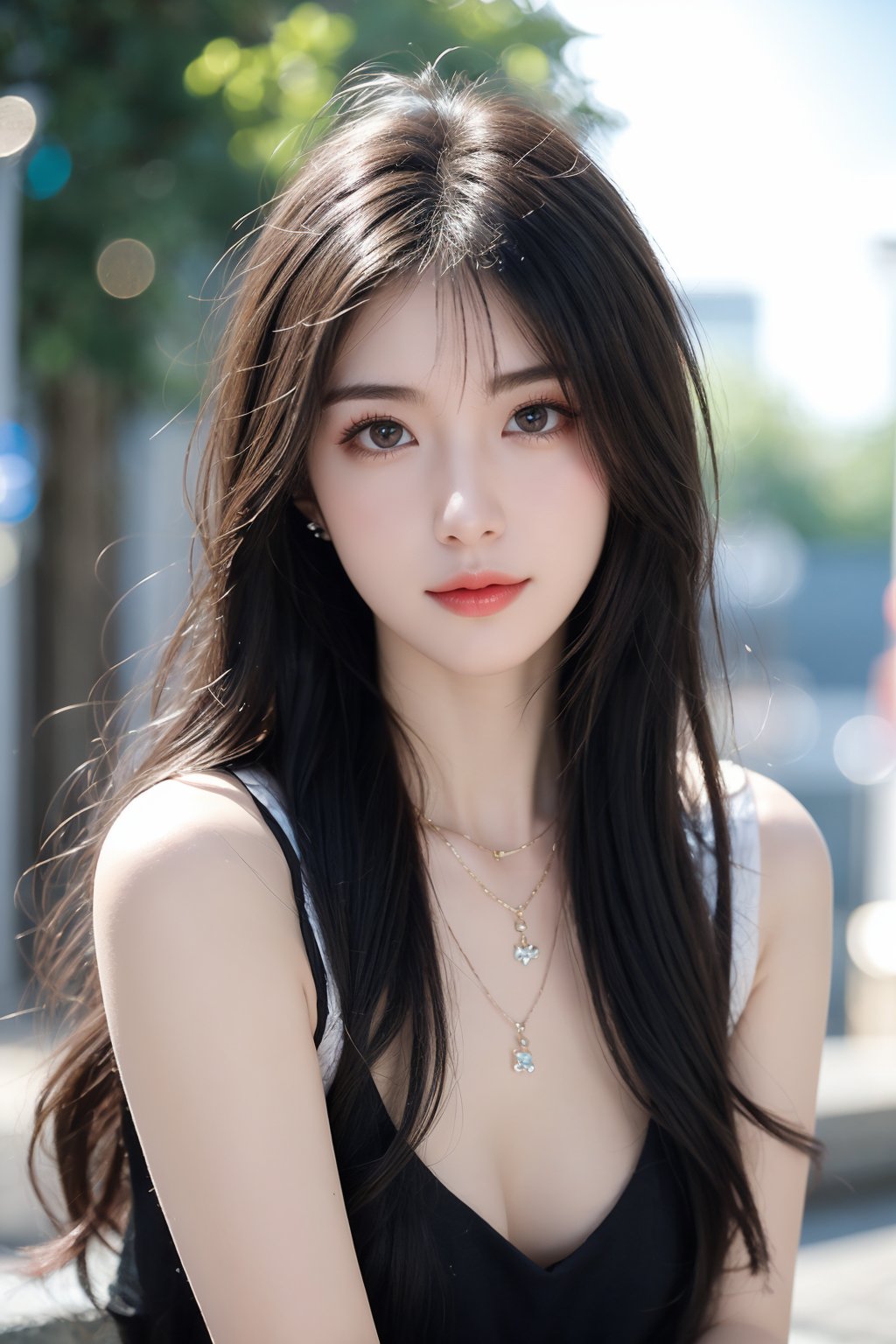 1girl, black hair, blurry, blurry background, bokeh, depth of field, jewelry, lens flare, lips, long hair, looking at viewer, necklace, outdoors, sleeveless, solo <lora:美女:0.8>