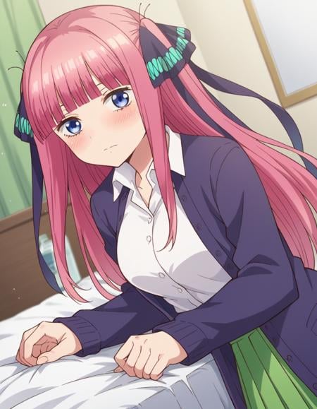 score_9, score_8_up, score_7_up, source_anime,ninonakano, <lora:nino-nakano-s1-ponyxl-lora-nochekaiser:1>,nino nakano, long hair, bangs, blue eyes, hair ornament, hair ribbon, pink hair, blunt bangs, two side up, butterfly hair ornament, mature female,skirt, shirt, long sleeves, white shirt, pleated skirt, open clothes, collared shirt, sleeves past wrists, dress shirt, cardigan, green skirt, open cardigan, black cardigan,indoors, bed, bed room, on side, blush, drunk,looking at viewer, cowboy shot, dutch angle, solo,