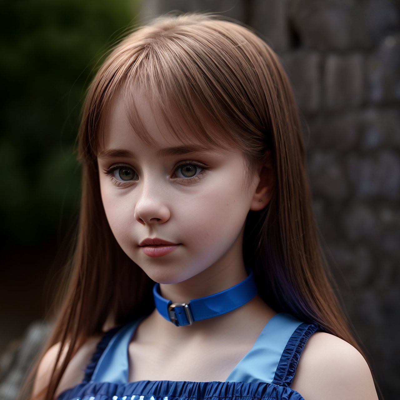 SFW, HD quality, HD, HQ, 4K, distant short, full body portrait of charming (AIDA_LoRA_HanF:1.19) <lora:AIDA_LoRA_HanF:0.95> standing next to the stone wall, young teen girl, blue dress, (violet collar on her neck), (big eyes with dark iris), self-assurance, dramatic, insane level of details, studio photo, kkw-ph1, hdr, f1.8