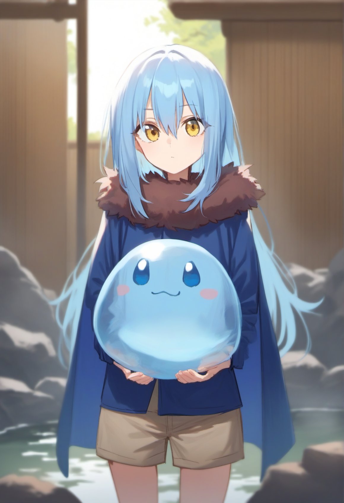 score_9, score_8_up, score_7_up, score_6_up,tsepmet_urumir_xl, rimuru tempest blue hair, cape, fur trim, long hair, yellow eyes, hair between eyes, blue fur trimmed jacket, holding slime \(creature\), cute, = =. + +, fur pants,official wallpaper, onsen, backlighting, cowboy shot,<lora:Rimuru_Tempest_XL_Pony:1>