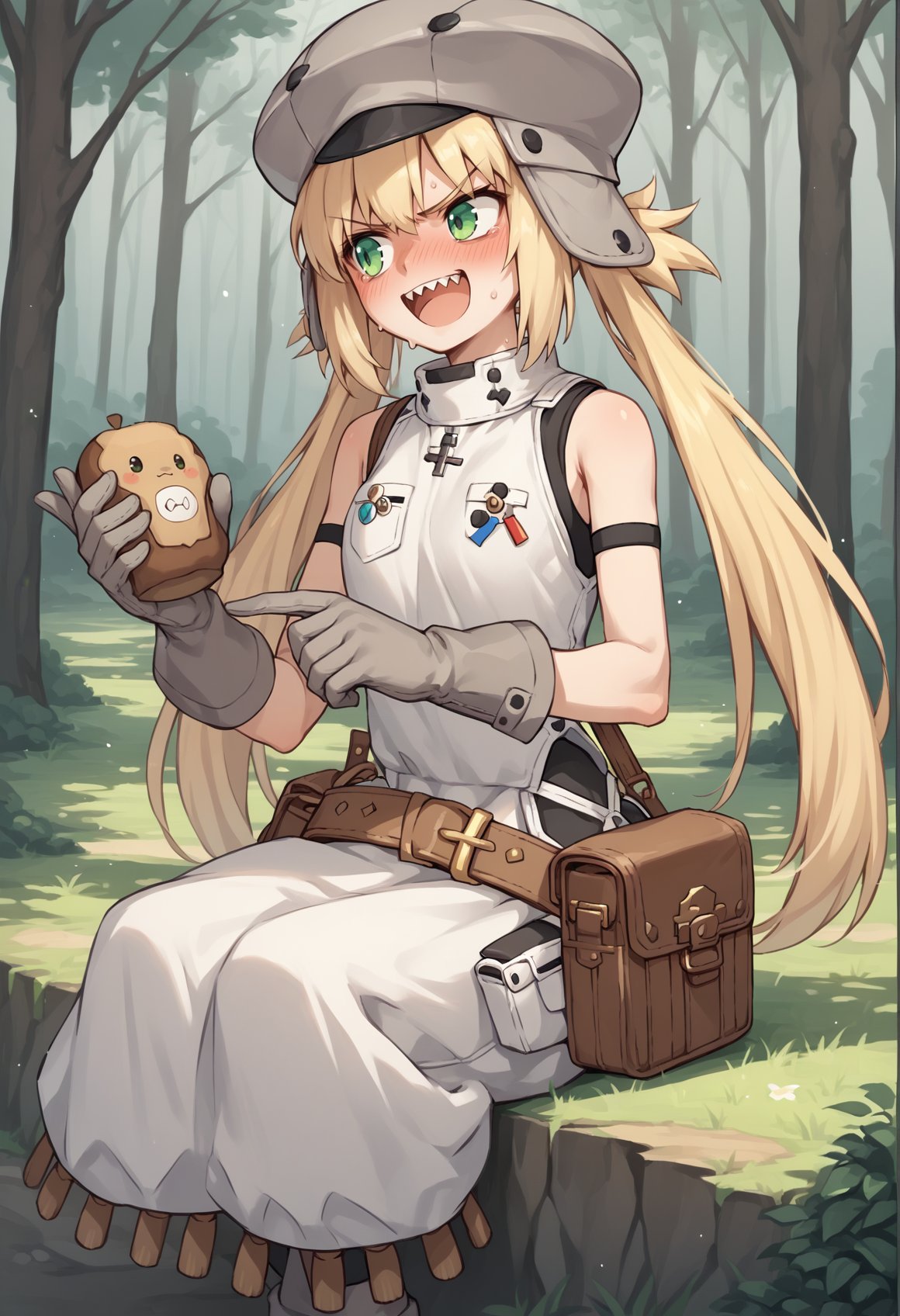 1girl, solo, blonde hair, long hair, green eyes, twintails, white dress, sleeveless, armlet, grey gloves, grey headwear, hat, bag, armored dress, pouch, belt, angry, open mouth, blushing, sharp teeth, grey boots, sitting, outdoors, forest, holding stuff, nervous smile, blushing, looking to the side  <lora:Castoria:0.8>, score_9, score_8_up, score_7_up, score_6_up, score_5_up, score_4_up, BREAK source_anime, masterpiece