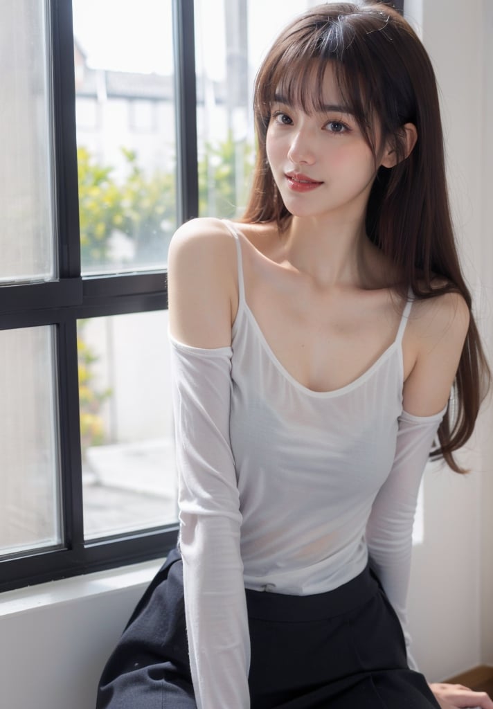 1girl, solo, long hair, brown hair, breasts, indoors, looking at viewer, smile,  black skirt, window, parted lips, brown eyes, realistic, lips, camisole, bare shoulders, large breasts, Micro through long sleeve T-shirt,<lora:大码慵懒微透长袖T恤风:0.8>