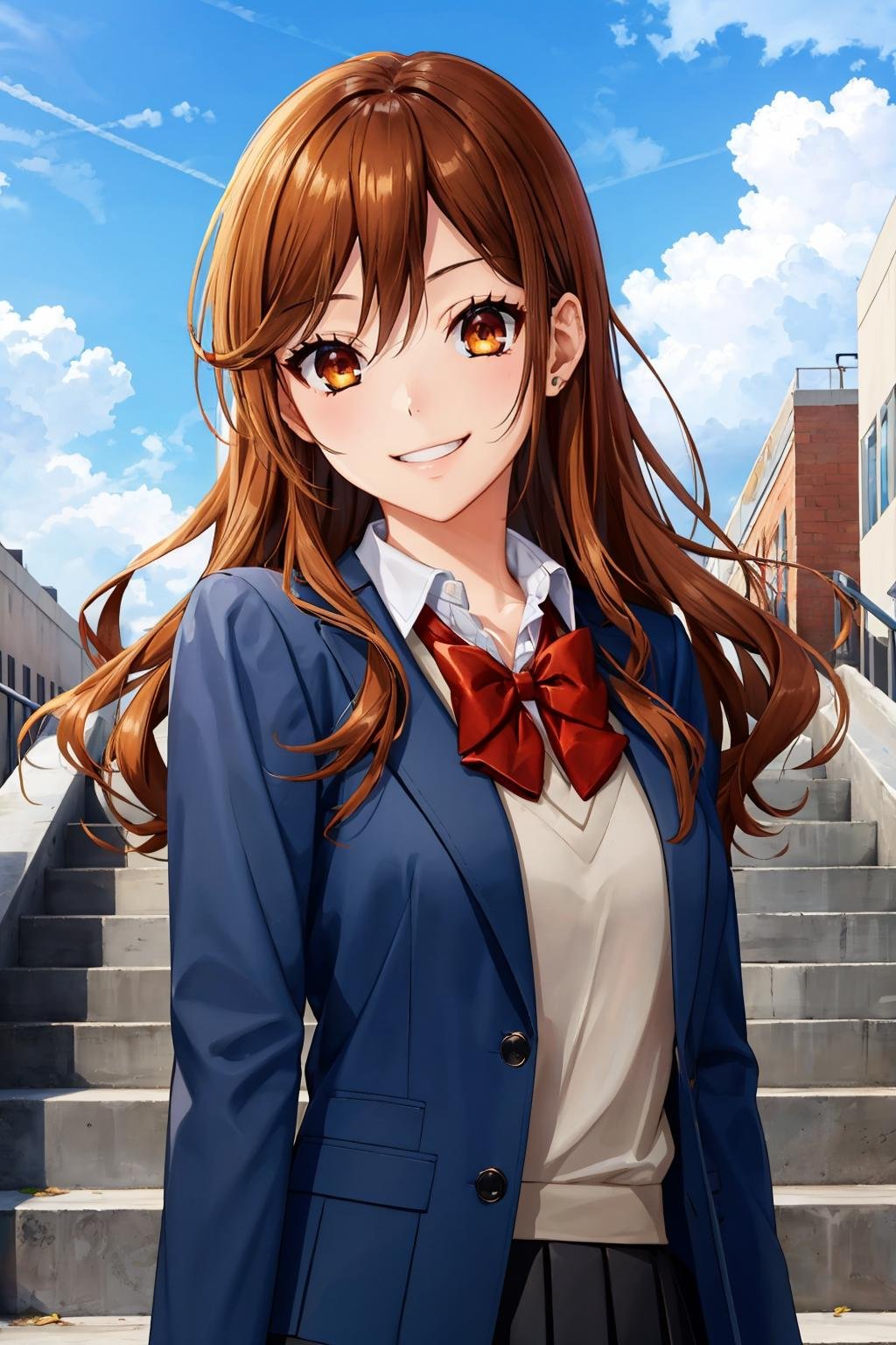 masterpiece, best quality, <lora:kyoukohori-nvwls-v1-000009:0.9> hori kyouko, black blazer, grey sweater, bowtie, black pleated skirt, looking at viewer, upper body, smile, hand to heart, cityscape, stairs, blue sky, clouds, grin