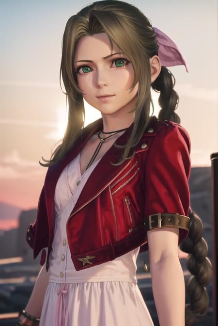 aerithgainsborough, <lora:aerith gainsborough ingame pruned-lora-nochekaiser:1>,aerith gainsborough, long hair, brown hair, bow, ribbon, (green eyes:1.3), hair ribbon, pink bow, braid, braided ponytail, single braid, smile,BREAK dress, jewelry, jacket, bracelet, red jacket, cropped jacket, white dress,BREAK outdoors,BREAK looking at viewer, dynamic pose,BREAK <lyco:GoodHands-beta2:1>, (masterpiece:1.2), best quality, high resolution, unity 8k wallpaper, (illustration:0.8), (beautiful detailed eyes:1.6), extremely detailed face, perfect lighting, extremely detailed CG, (perfect hands, perfect anatomy),