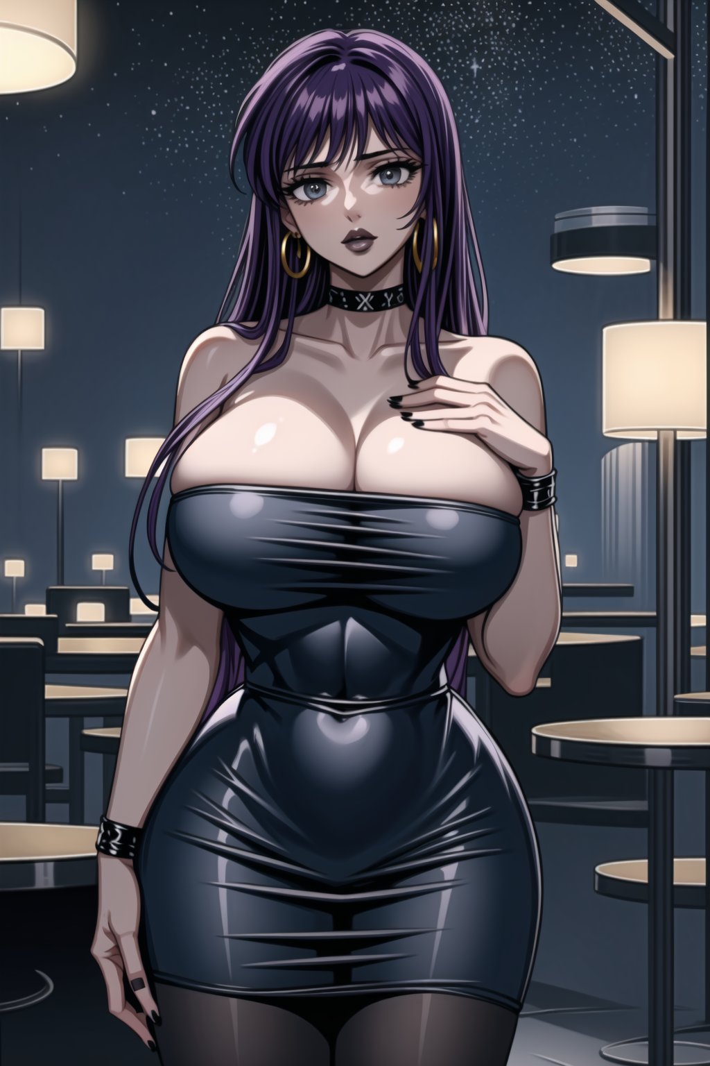 ((best quality)), ((highly detailed)), masterpiece,1girl, 1girl, (lips:1.3) black lips:1.3, makeup:1.2, lipstick:1.2,, Saori, long hair, purple hair,,nail polish, solo, alternate_costume, leotard, strapless ,cleavage, bare_shoulder, pencil_skirt, high_waist_skirt, belt, black_skirt, miniskirt, (pencil skirt:1.2), black_legwear, thighhighs, (black choker), huge breast:1.2 ,(hoop earrings:1.2), black nails, looking at viewer, standing, cowboy shot, bar,outdoor,lamp,nigth,space, wristband,StandingAtAttention,black lips,,b1mb0,Saori<lora:EMS-84091-EMS:1.000000>, <lora:EMS-50097-EMS:0.600000>, <lora:EMS-401523-EMS:1.000000>, <lora:EMS-31593-EMS:0.400000>, <lora:EMS-78293-EMS:0.600000>, <lora:EMS-179-EMS:0.600000>