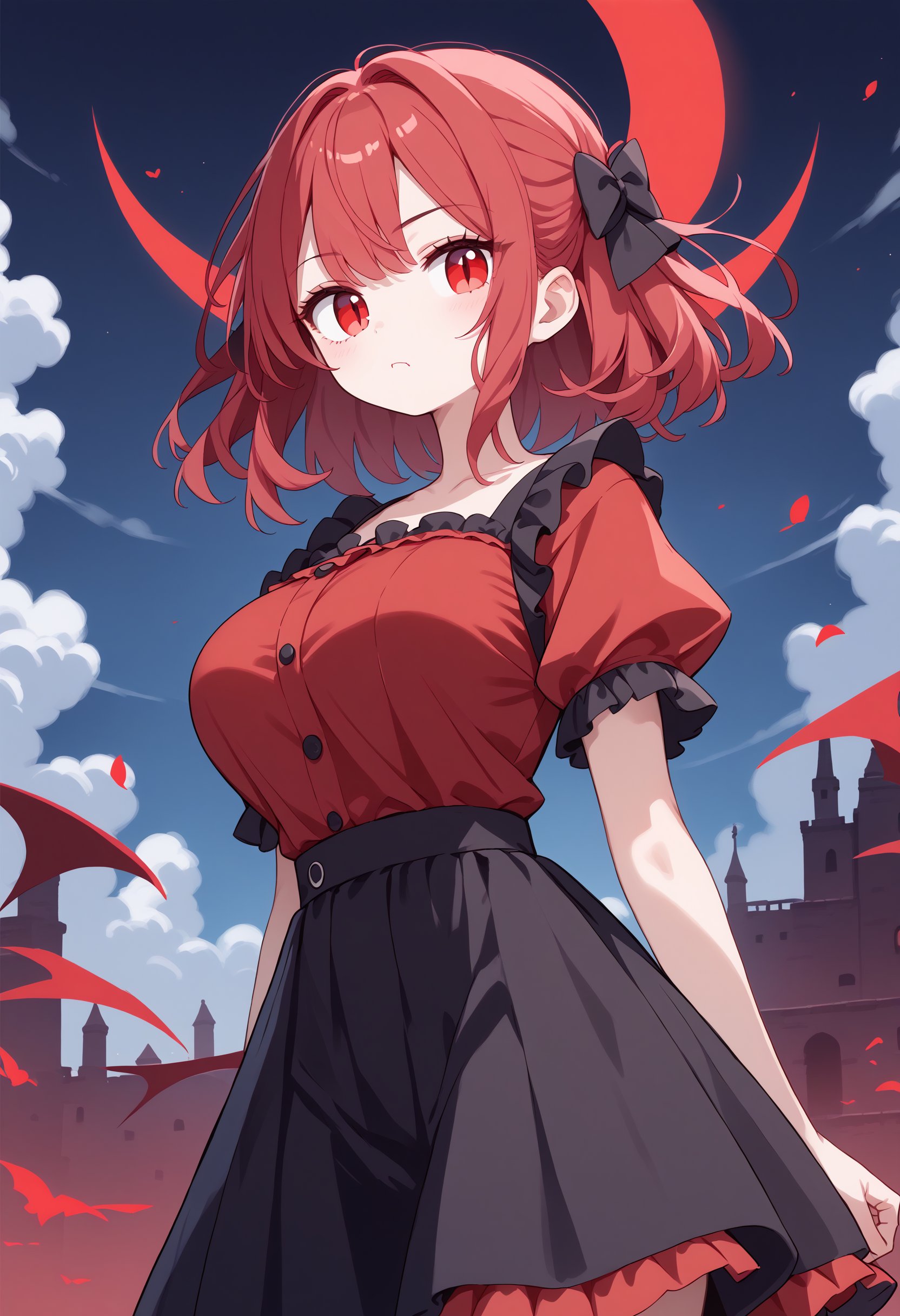 score_9, score_8_up, score_7_up, score_6_up, score_5_up, score_4_up, rating_safe, 1girl, crimson sky, arms at sides, red crimson moon, vampire,red undershirt, two toned, frilled, large breasts