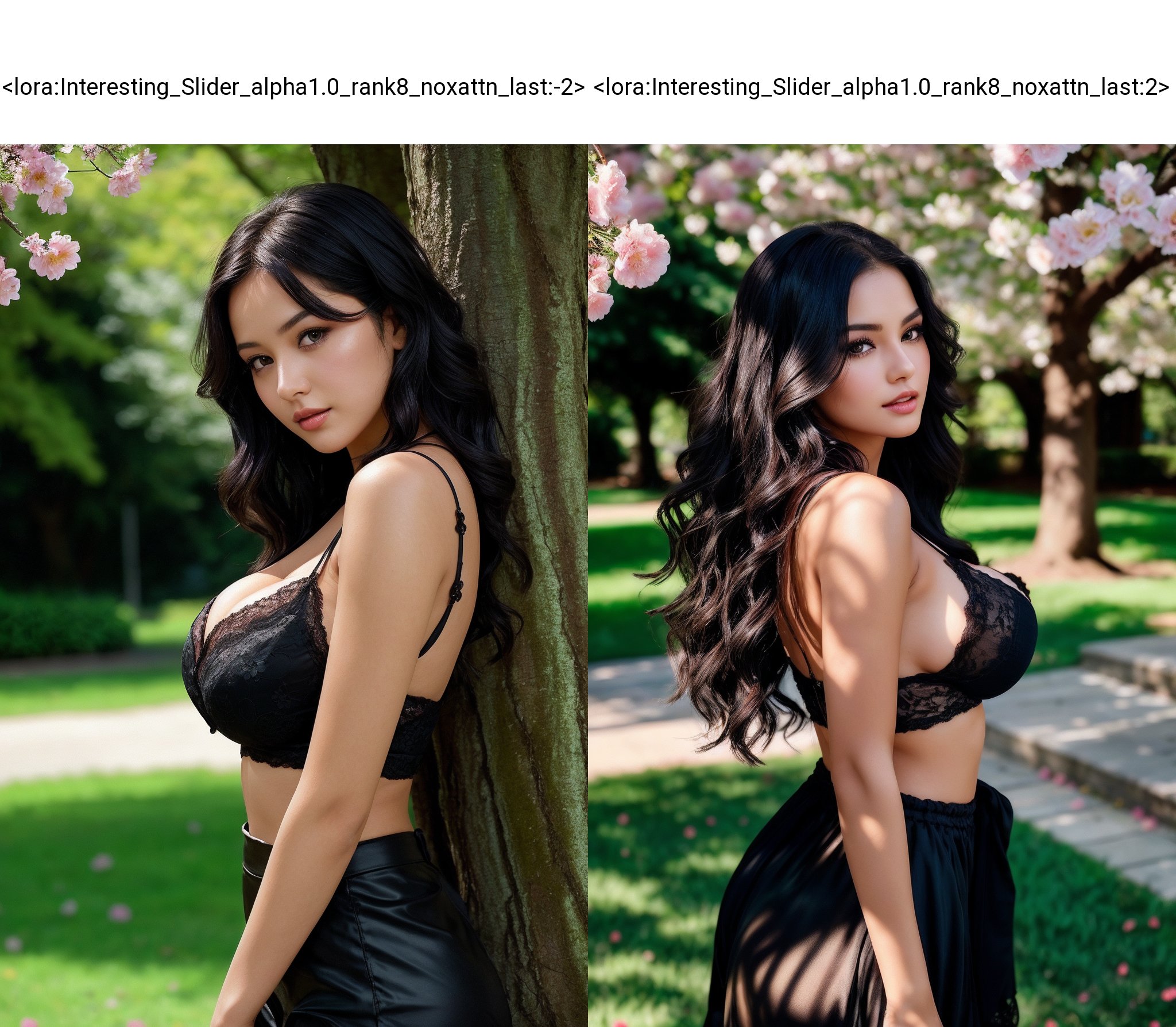 one sexy girl, supermodel, shiny skin, black wavy hair, prefect face, makeup, big tits, cleavage, lace shirt, looking at viewer, summer day, nature, (tree with flowers), soft lighting, film grain, from side, epiCPhoto,<lora:Interesting_Slider_alpha1.0_rank8_noxattn_last:-2>