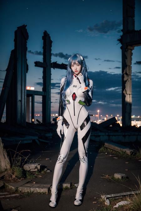 best quality, masterpiece, photorealistic, 1girl, solo, looking at viewer, bangs, full body, closed mouth, expressionless, standing, ayanami_cosplay_costume, plugsuit, blue hair, ayanami rei, pilot suit, cosplay, long hair, interface headset, hairpods, gloves, bracer, skin tight, ( ruins:1.4), night, neon light, cyberpunk, science fiction, future city, detailed background, <lora:ayanami_cosplay_costume_v2:0.65>