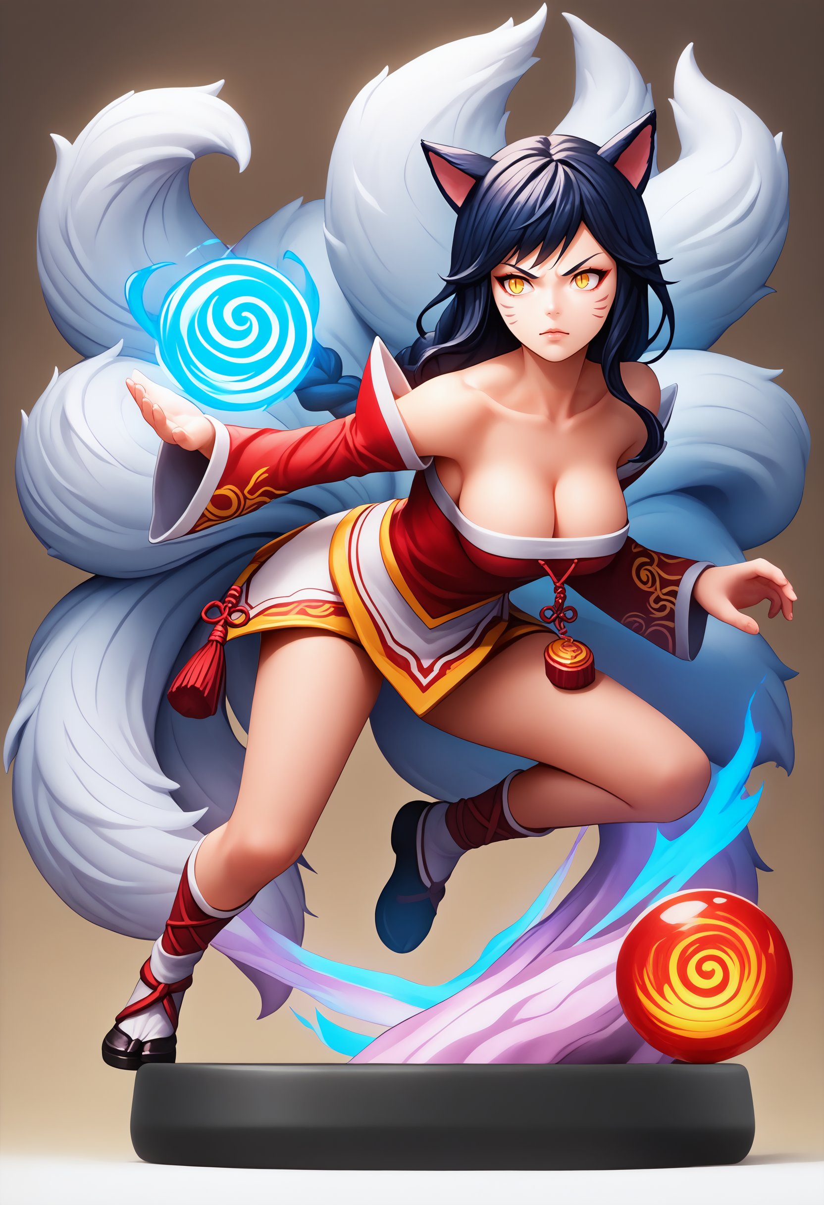 score_9, score_8_up, score_7_up, ahridefault, slit pupils, animal ears, facial mark, fox tail, multiple tails, long hair, single braid, black hair, yellow eyes, large breasts, korean clothes, collarbone, bare shoulders, cleavage, detached sleeves, <lora:Ahri_pdxl_Incrs_v1:1> <lora:Amiibo_pdxl_Incrs_v1:1>, amiibo, figure, energy ball, stance, solo, full body, bare legs, 