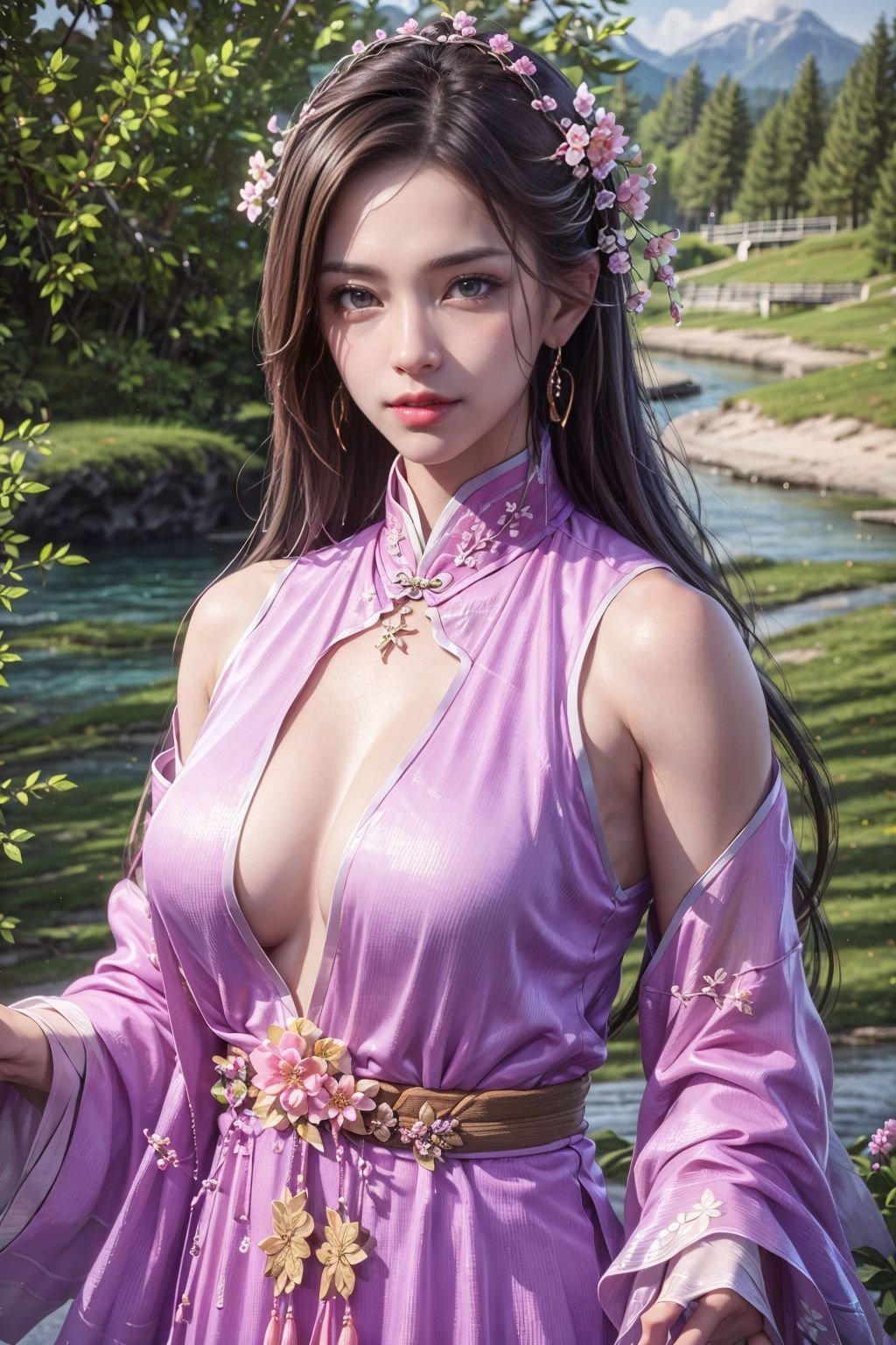 (best quality:1.3, masterpiece:1.3),realistic,(photorealistic:1.2),ultra high res,(1girl, solo),atmospheric perspective,fashi-girl detailed face,make up,(hanfu:1.2),pink lips,parted lips,closed mouth,shiny skin,(brown hair),very long hair,looking at viewer,blueeyes,earrings,slim body,perfect lighting,(front lighting),physically-based rendering,extremely detailed CG unity 8k wallpaper,lips,(china dress, dress:1.2),hair ornament,necklace,jewelry,long hair,earrings,(chinese clothes:1.2),large breasts,outdoors,water,river,Standing by the river,nature,mountain,depth of field,lens 135mm,f1.8,lens flare,floating sakura,flying butterfly,unbuttoned clothes,(upper body:2),dress,jewelry,flower,earrings,,purple dress,