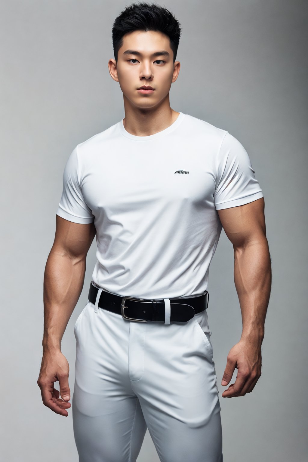 masterpiece,1 Man,28 years old,male focus,looking at viewer,black hair,Muscular development,white shirt,belt,Black pants,Thick thigh,realistic,Portrait Photogram,Photorealistic,ccurate,best quality,Long Exposure,