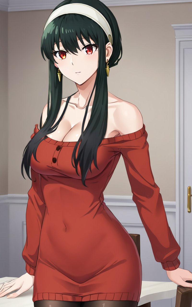 1girl, <lora:sdxl-sf-yor_briar:0.9>, yor briar, yor forgfer, long hair , long length red sweater_dress, off shoulder, long sleeves collarbone cleavage, dining room, black pantyhose, white hairband , black hair sideburns, (slanted eyes) red eyes, medium breasts, shiny hair, bangs, gold earrings, long locks, hair between eyes, skindentation flustered look 