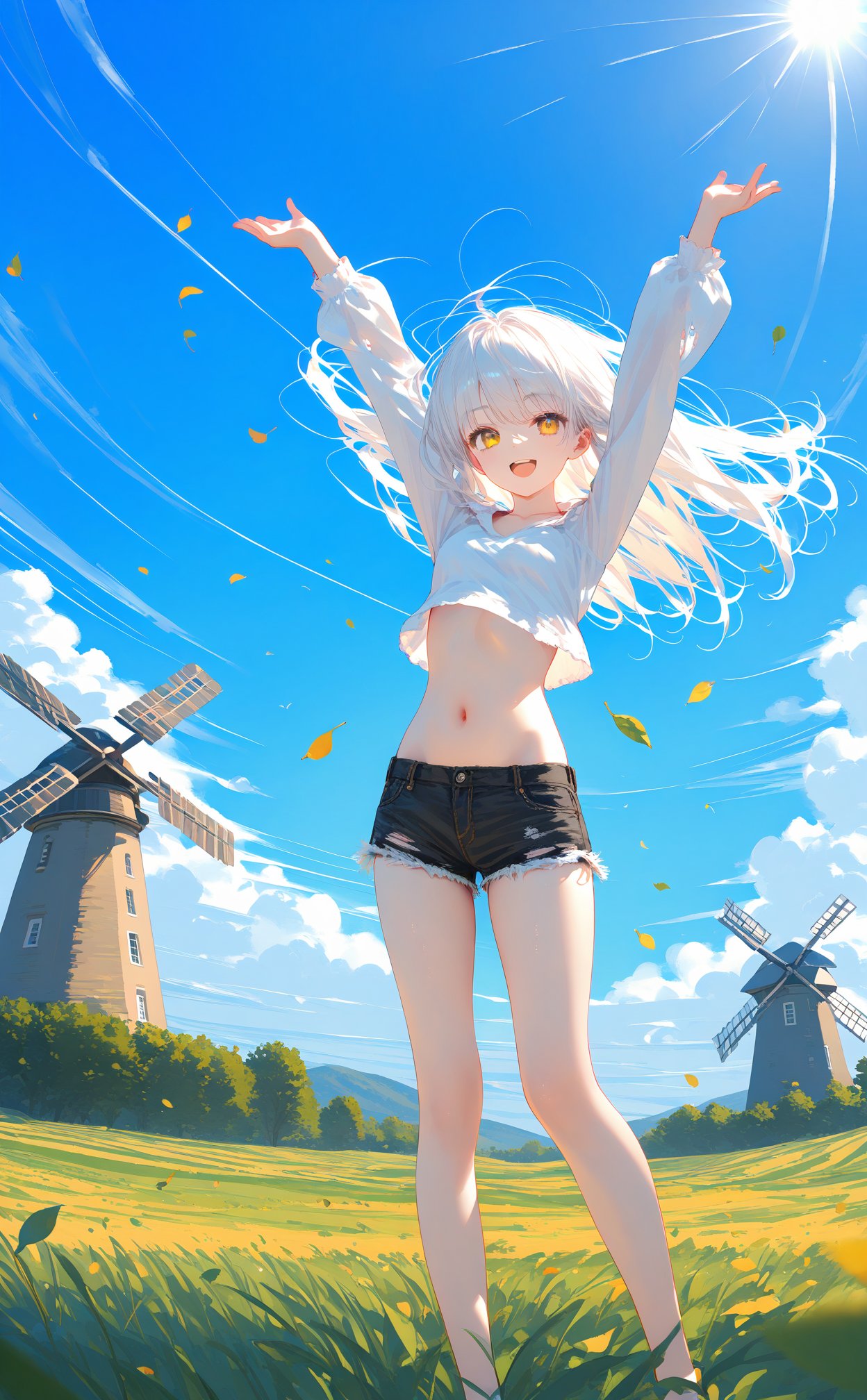 (masterpiece),(best quality),illustration,ultra detailed,hdr,Depth of field,(colorful),1girl,solo,outdoors,shorts,sky,long hair,cloud,navel,falling leaves,cutoffs,arms up,crop top,smile,grass,windmill,midriff,day,black shorts,long sleeves,floating hair,stomach,wind,blue sky,standing,open mouth,shirt,short shorts,denim,white hair,white shirt,yellow eyes,:d,torn shorts,feet out of frame,looking at viewer,denim shorts,leaf,thighs,