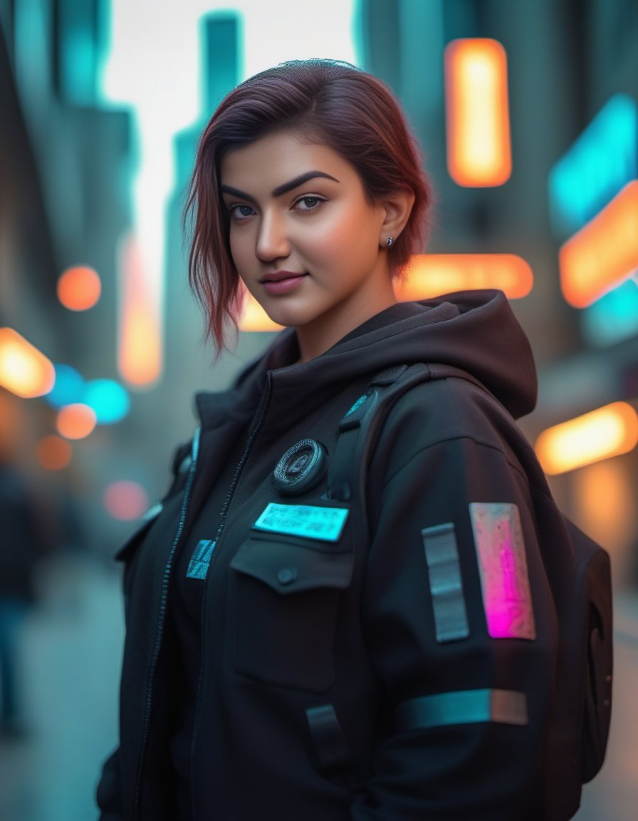 HoneyRose,<lora:HoneyRoseSDXL:1> (8k, RAW photo, best quality, masterpiece:1.2), (realistic, photo-realistic:1.37), ultra highres, depth of field, chromatic aberration, caustics, Broad lighting, natural shading,Fujifilm XT3,ultra detailed,cyberpunk uniform,1girl, solo,standing, looking at viewer, outdoors,street