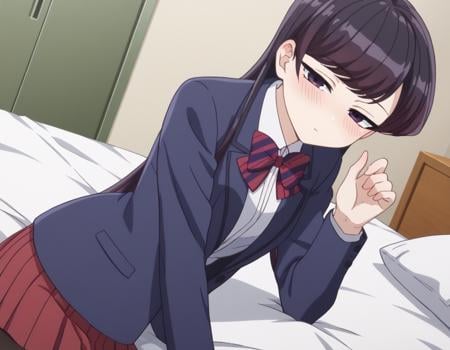 score_9, score_8_up, score_7_up, source_anime,shoukokomi, <lora:shouko-komi-s1s2-ponyxl-lora-nochekaiser:1>,shouko komi, long hair, bangs, black hair, black eyes, half-closed eyes,skirt, shirt, long sleeves, bow, school uniform, jacket, white shirt, pantyhose, pleated skirt, striped, collared shirt, bowtie, red skirt, blazer, blue jacket, striped bow, striped bowtie,indoors, bed, bed room, on side, blush, drunk,looking at viewer, cowboy shot, dutch angle, solo,