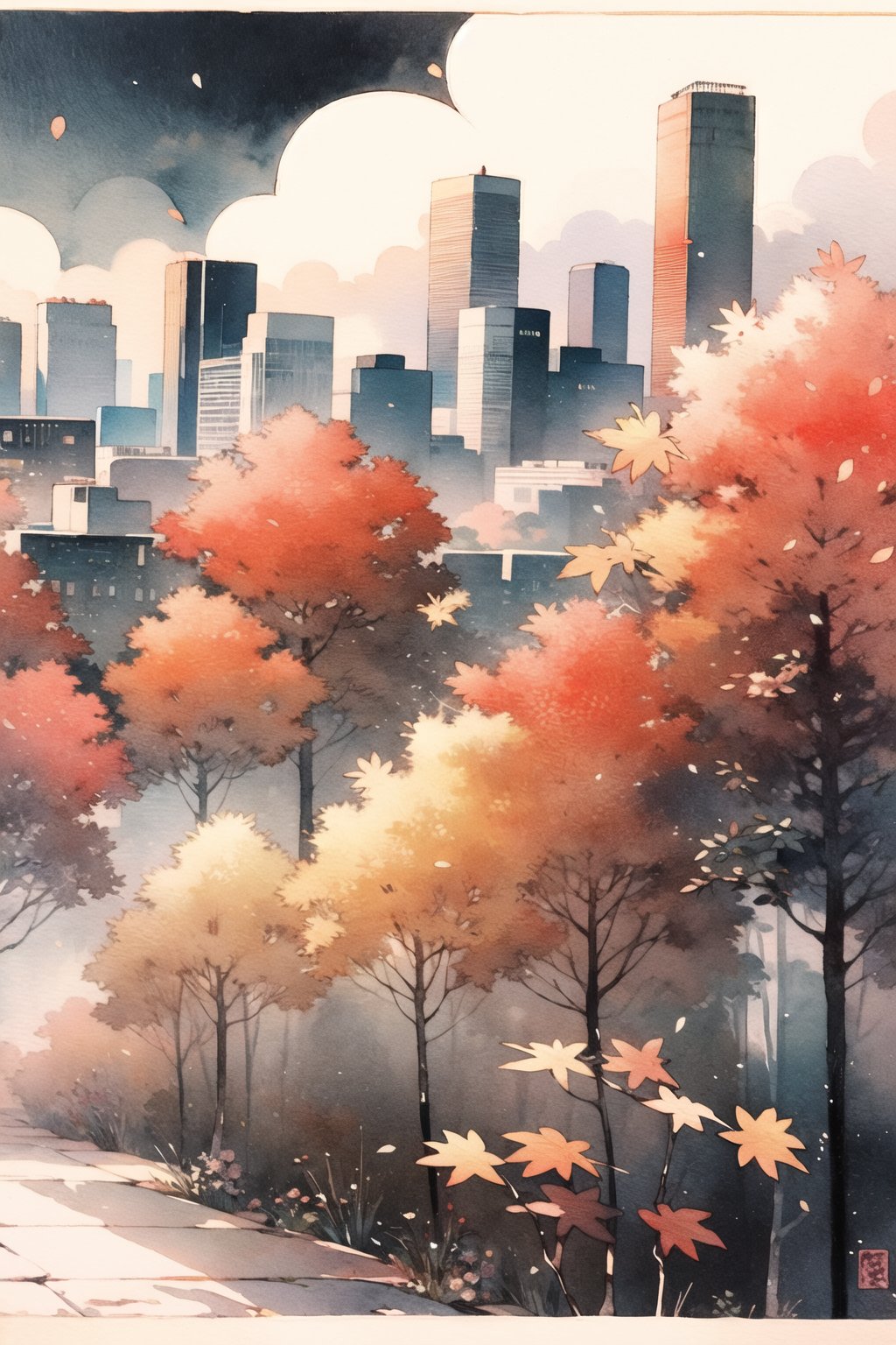 watercolor_(medium),maple_leaf,red,city,