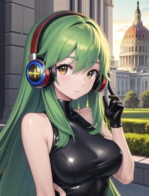 best quality, masterpiece, highres, detailed, digital artwork, <lora:Detail - add_detail:0.2>, CasiCharu, green hair, long hair, brown eyes, red headphones, android, robot joints, <lora:Character - CasiCharu:0.8>,, capitol building