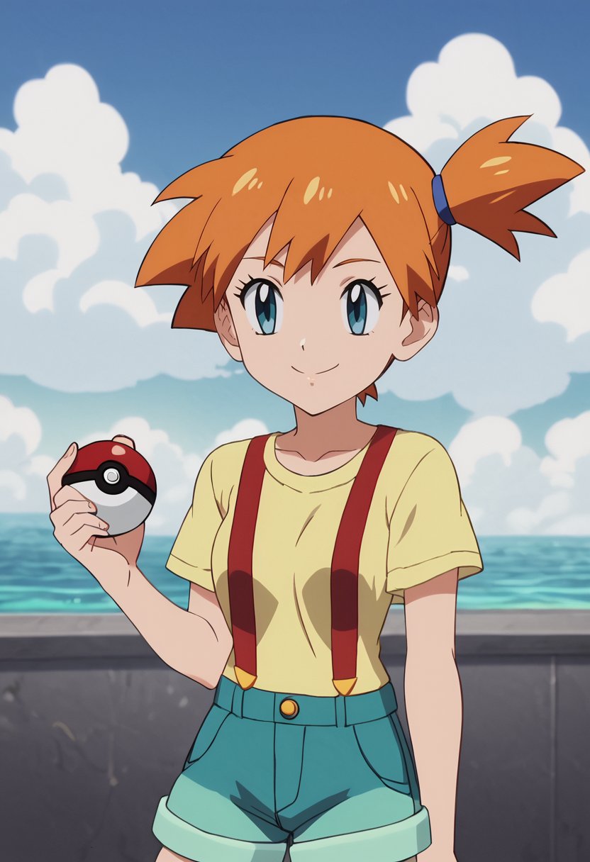 score_9, score_8_up, score_7_up,source_anime,anime coloring,perfect anatomy,cinematic_shadow,anime screencap,<lora:animestyle:1>finetuneanimeBREAK <lora:misty:1>misty, 1girl, poke ball, solo, misty (pokemon), blue eyes, holding poke ball, poke ball (basic), orange hair, smile, side ponytail, holding, suspenders, short hair, collarbone, cloud