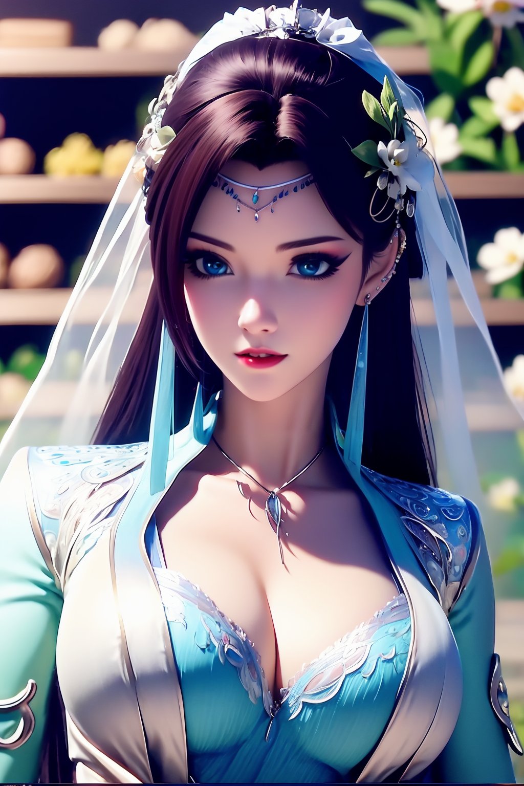 1girl, jewelry, solo, breasts, earrings, upper body, long hair, blue eyes, hair ornament, cleavage, black hair, dress, parted lips, large breasts, bra, flower, blurry background, white dress, hair flower, veil, blurry, collarbone, brown hair, looking to the side, necklace, indoors, lips
