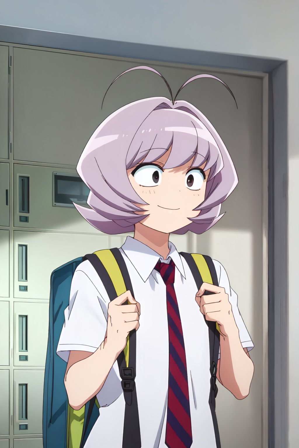 Najimi Osana, (8k, HD), solo, smile, short hair, shirt, 1boy, closed mouth, school uniform, white shirt, upper body, purple hair, short sleeves, male focus, necktie, striped, collared shirt, indoors, bag, black eyes, backpack, antenna hair, red necktie, androgynous, 1other, striped necktie, holding strap, locker, other focus<lora:EMS-468581-EMS:0.800000>