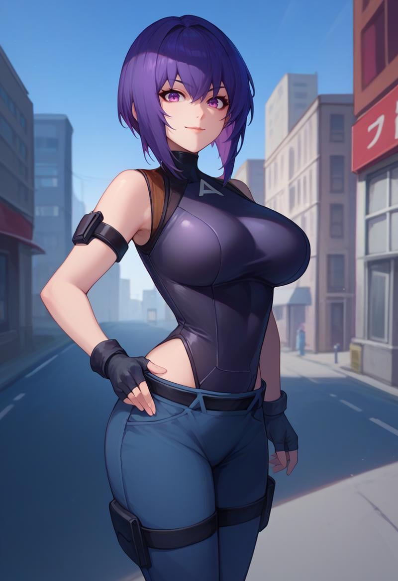 score_9, score_8_up, score_7_up, solo, 1girl, motoko2045, slight smile, looking at viewer, standing, hand on own hip, purple eyes, black leotard, highleg leotard, arm strap, black gloves, fingerless gloves, blue pants, belt, large breasts, outdoors, city street <lora:ghostintheshell_kusanagi_ponyXL-2045:1>