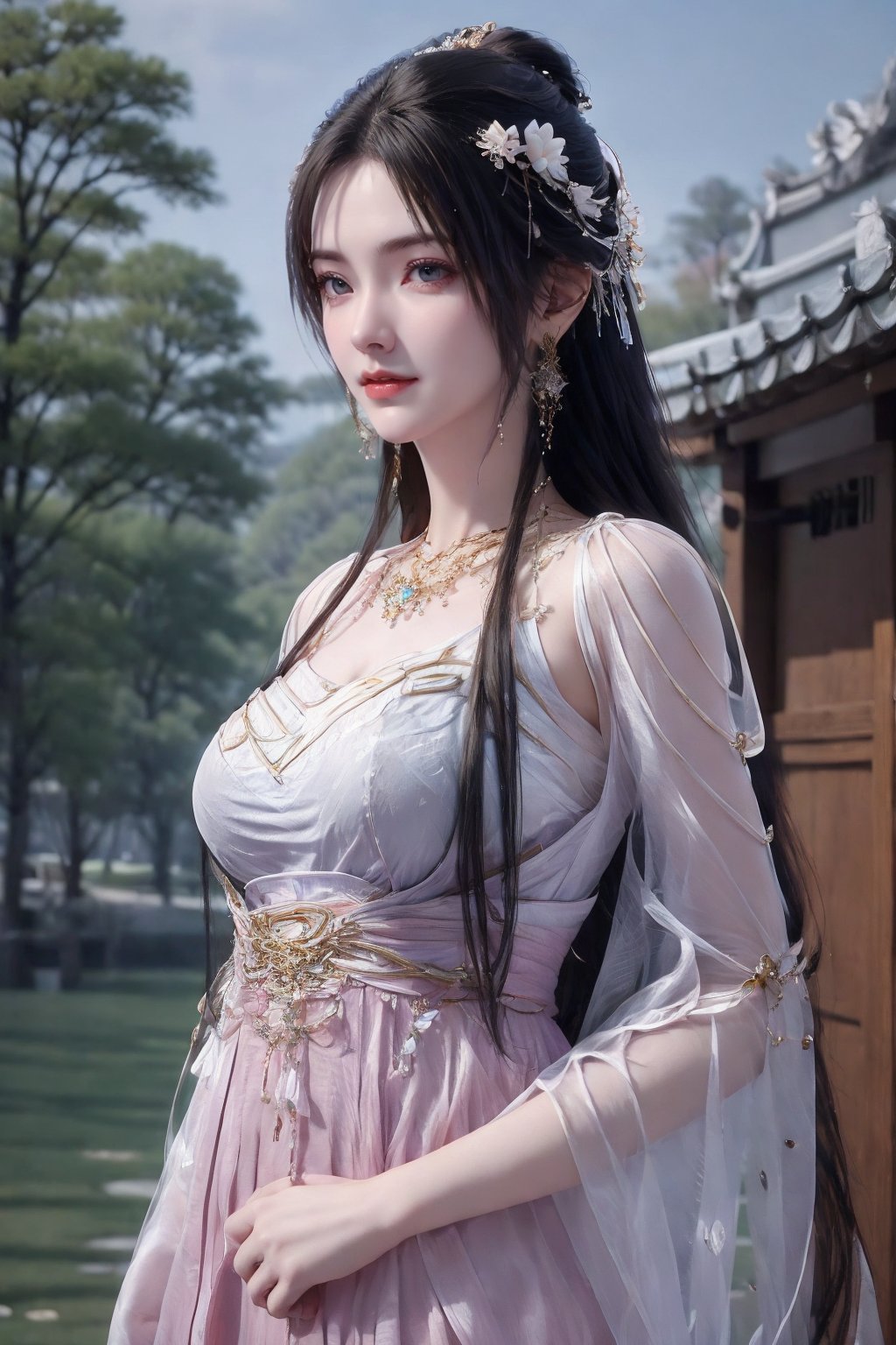 <lora:QingYi:1>,QingYi,1girl,pink dress,upper body,looking at viewer,jewelry,earrings,chinese style architecture