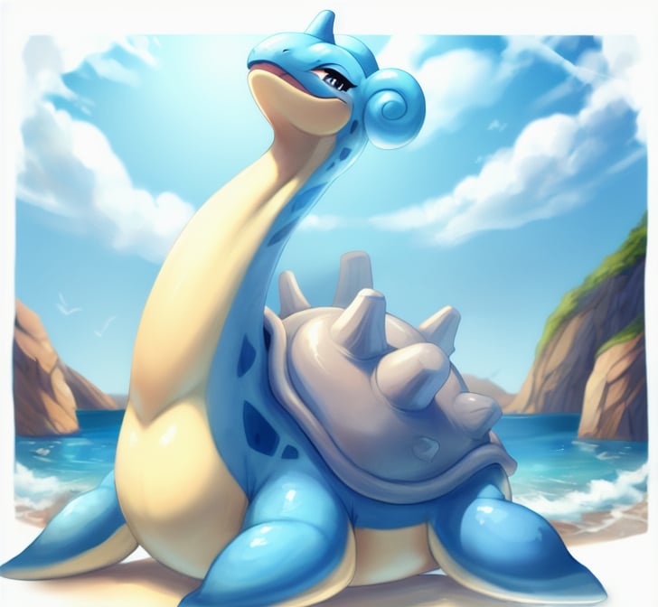 Masterpiece,high quality,beautiful landscape,lapras,no human,happy,smooth body,blue skin,Pale yellow abdomen,Rocky shell ,Curled ears,