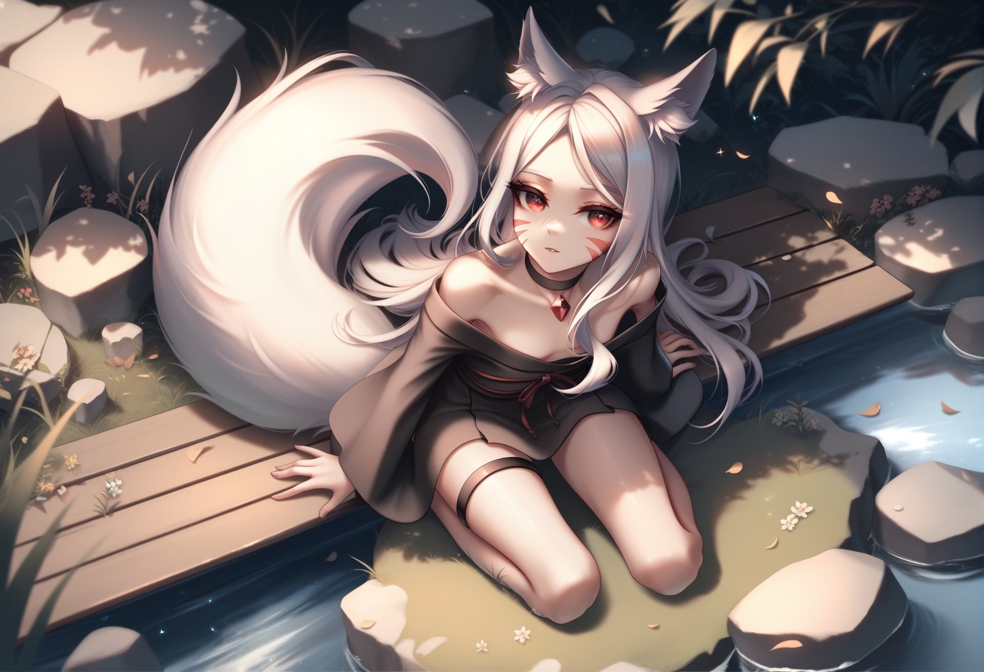 by kie \(wylee2212\), best quality, masterpiece, score_9, score_8_up, score_7_up,1girl, shiro \(sewayaki kitsune no senko-san\), animal ear fluff, fox girl, fox ears, white fox tail, eyelashes, white hair, long hair, red eyes, facial whisker markings, choker gem, [black|pink] kimono, off shoulder, hips,posing, wariza,outdoors, nature, river, riverside, rocks, grass