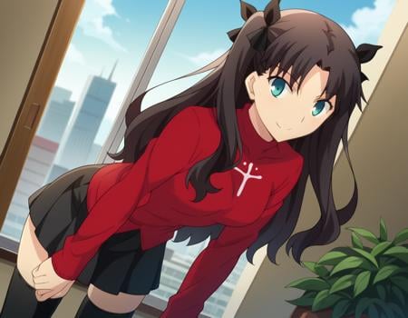 score_9, score_8_up, score_7_up, source_anime,rintohsaka, <lora:rin-tohsaka-ubw-ponyxl-lora-nochekaiser:1>,rin tohsaka, aqua eyes, black hair, hair ribbon, long hair, ribbon, sidelocks, two side up, parted bangs,black skirt, black thighhighs, long sleeves, miniskirt, pleated skirt, red sweater, skirt, sweater, thighhighs, turtleneck,indoors, cityscape, smile, bent over,looking at viewer, dutch angle, cowboy shot,