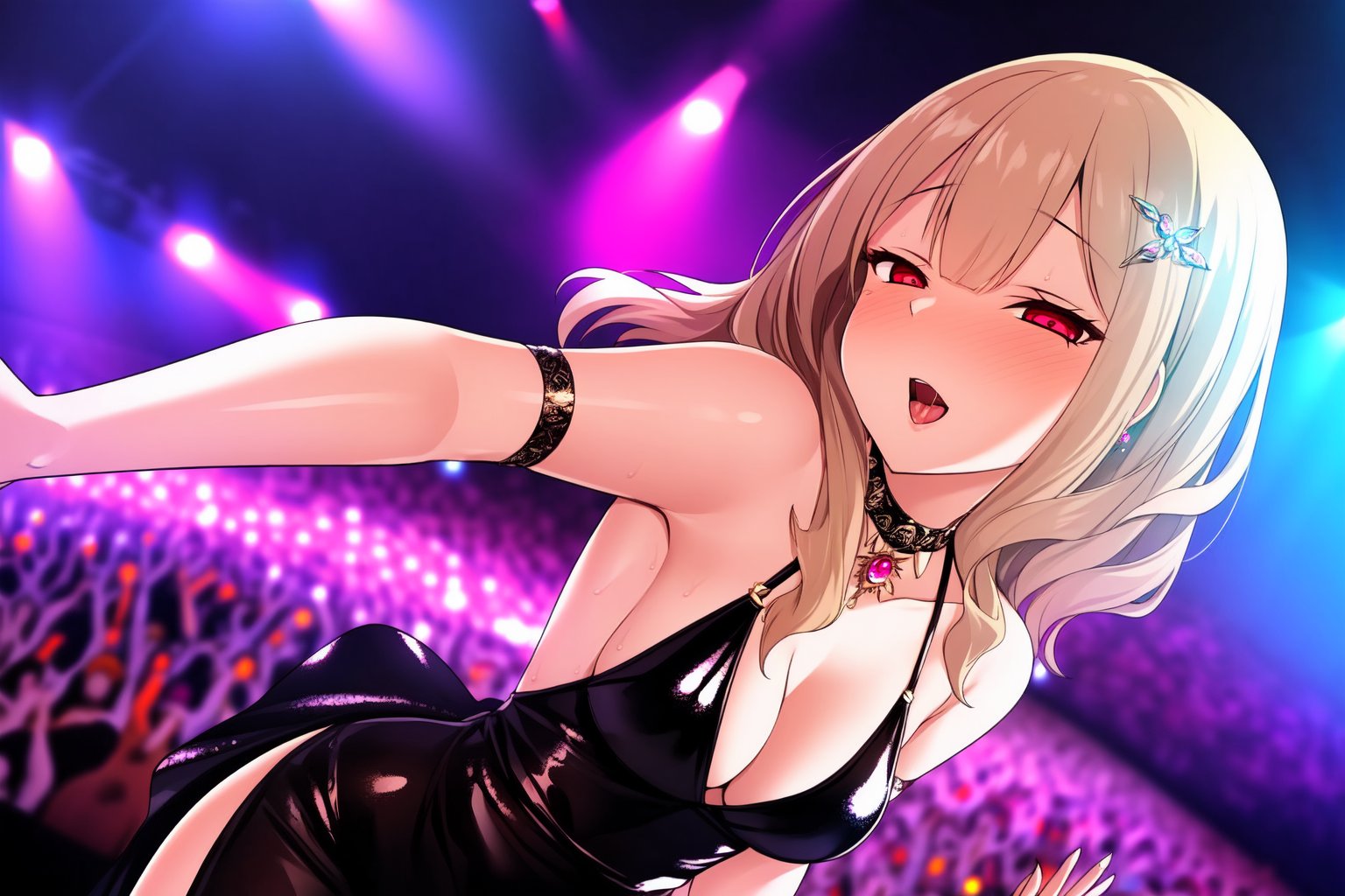 masterpiece,best quality,ultra detailed,1girl,corruption,long slit dress,naughty face,dynamic angle,glowing eyes,medium breasts,party fashion,chest jewel,stage,stage lights,(audience),(crowd:1.2),