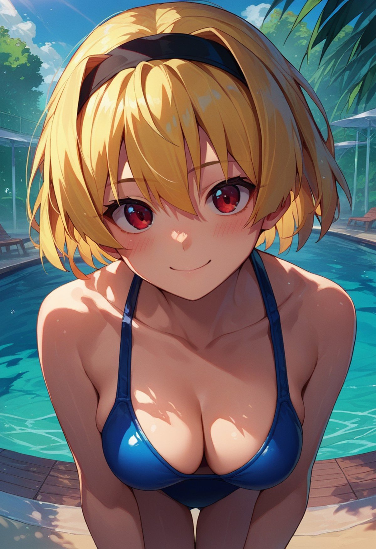 score_9, score_8_up, score_7_up, source_anime, <lora:Satoko Houjou Pony 5-000003:1>, houjou_satoko, 1girl, swimsuit, blonde hair, solo, breasts, hairband, black hairband, red eyes, looking at viewer, outdoors, short hair,  smile, day, collarbone, blush, standing