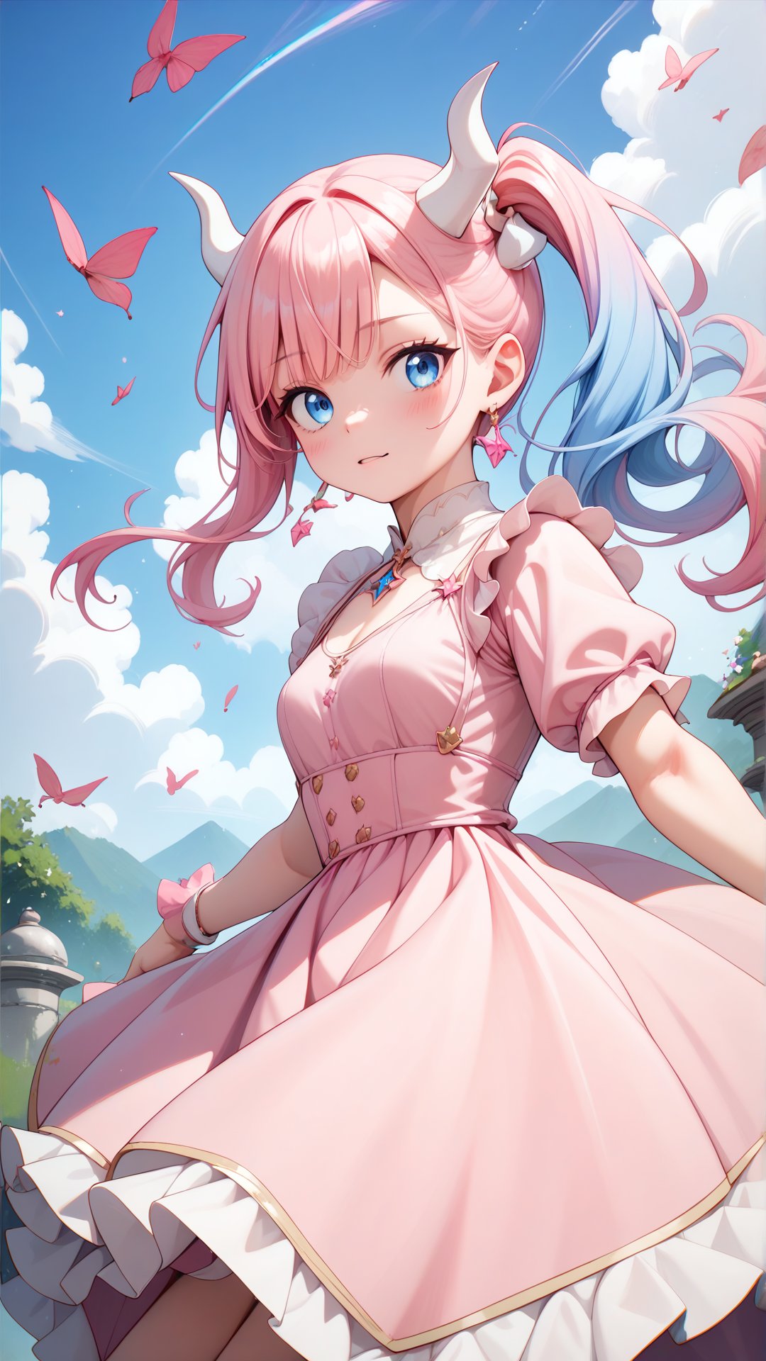 Score_9, score_8_up, score_7_up, masterpiece, best quality, 1girl, (Pink hair:1.1), blue eyes, Gradient hair, White horns, Pink dress, (light blue hair tips:0.9), Side ponytail, (small breasts:0.9), <lora:yuta-chernobaeva-pxl:0.7>, yuta-chernobaeva-pxl