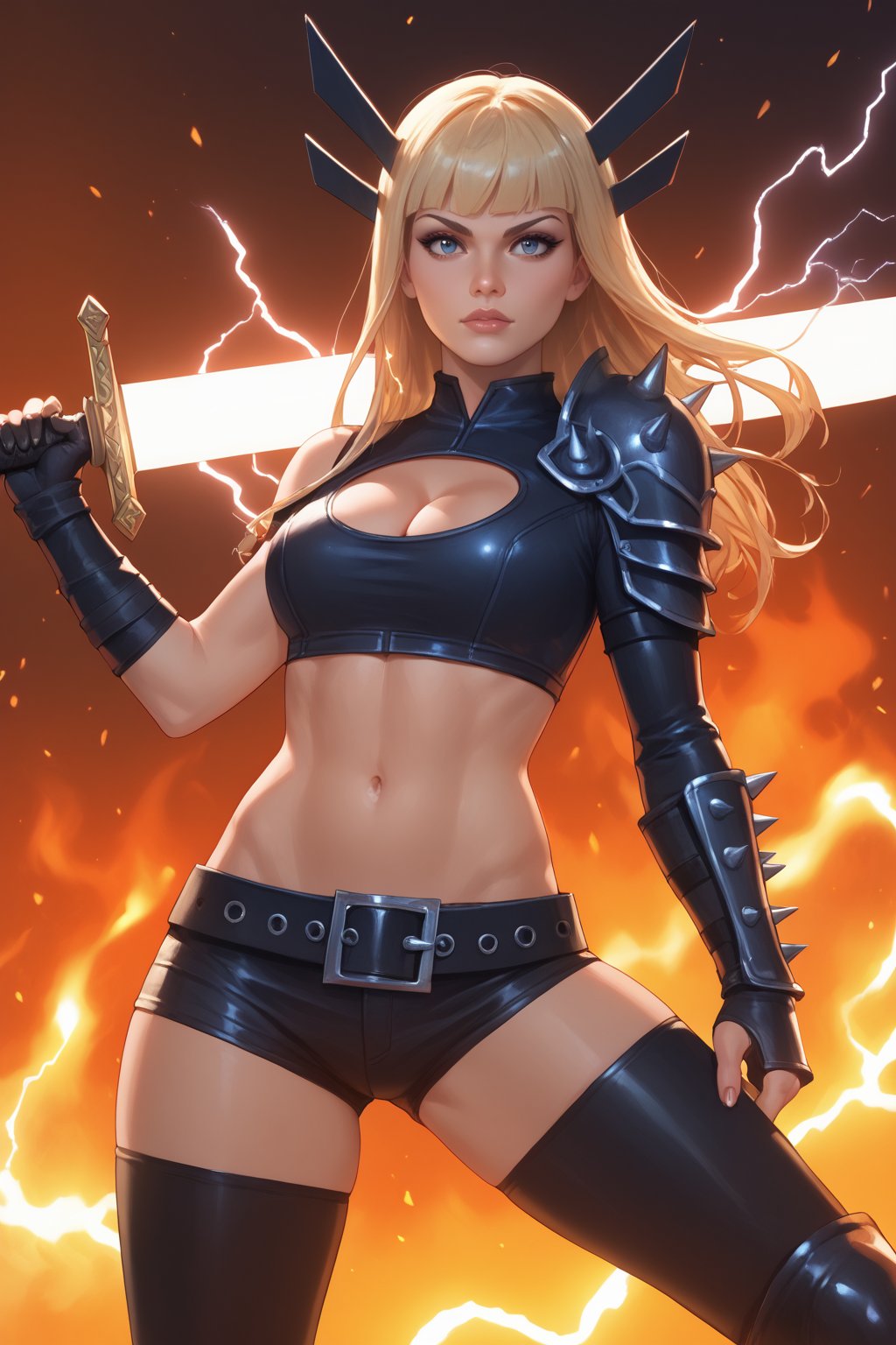 score_9, score_8_up, score_7_up, masterpiece, high quality <lora:Magik ModernPonyLoRA:0.8>mgik, long hair, hair ornament, crop top, single glove, single gauntlet, shorts, midriff, belt, thighhighs, spikes, cleavage cutout, single shoulder armor, boots, sword, huge weapon, holding sword, fire, electricity