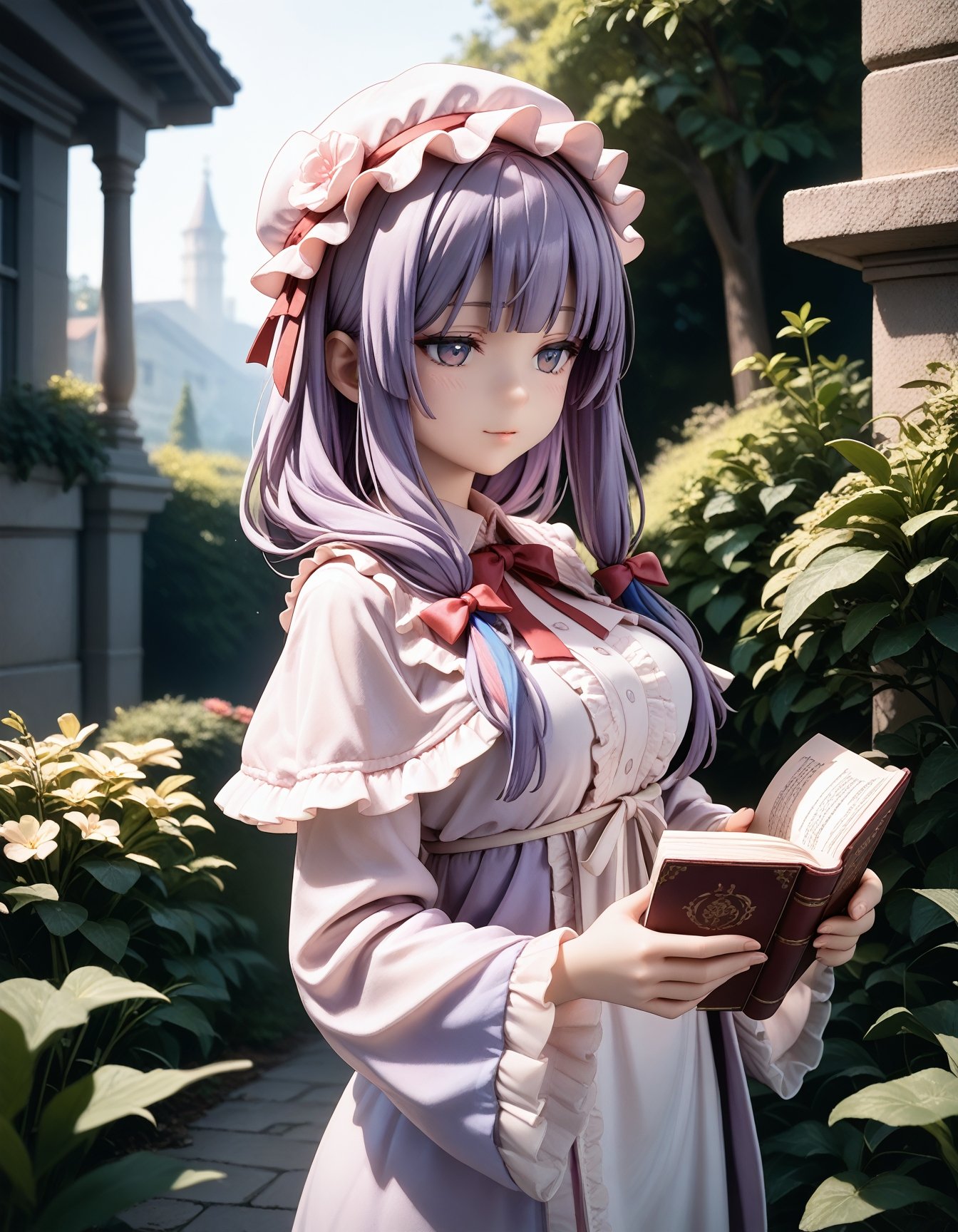 masterpiece,best_quality,BREAK1girl,patchouli_knowledge,frilled_hat,frilled_capelet,half-closed_eyes, holding_book,upper_body,outdoors