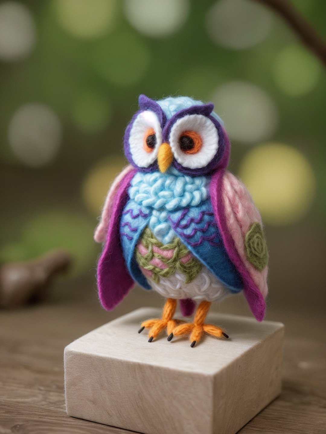 tiny Flowery 3D felt fiber Barred Owl, made from Felt fibers, 3D render, trending on cgsociety, rendered in maya, rendered in cinema4d, made of yarn, square image <lora:picxer_real:0.5>