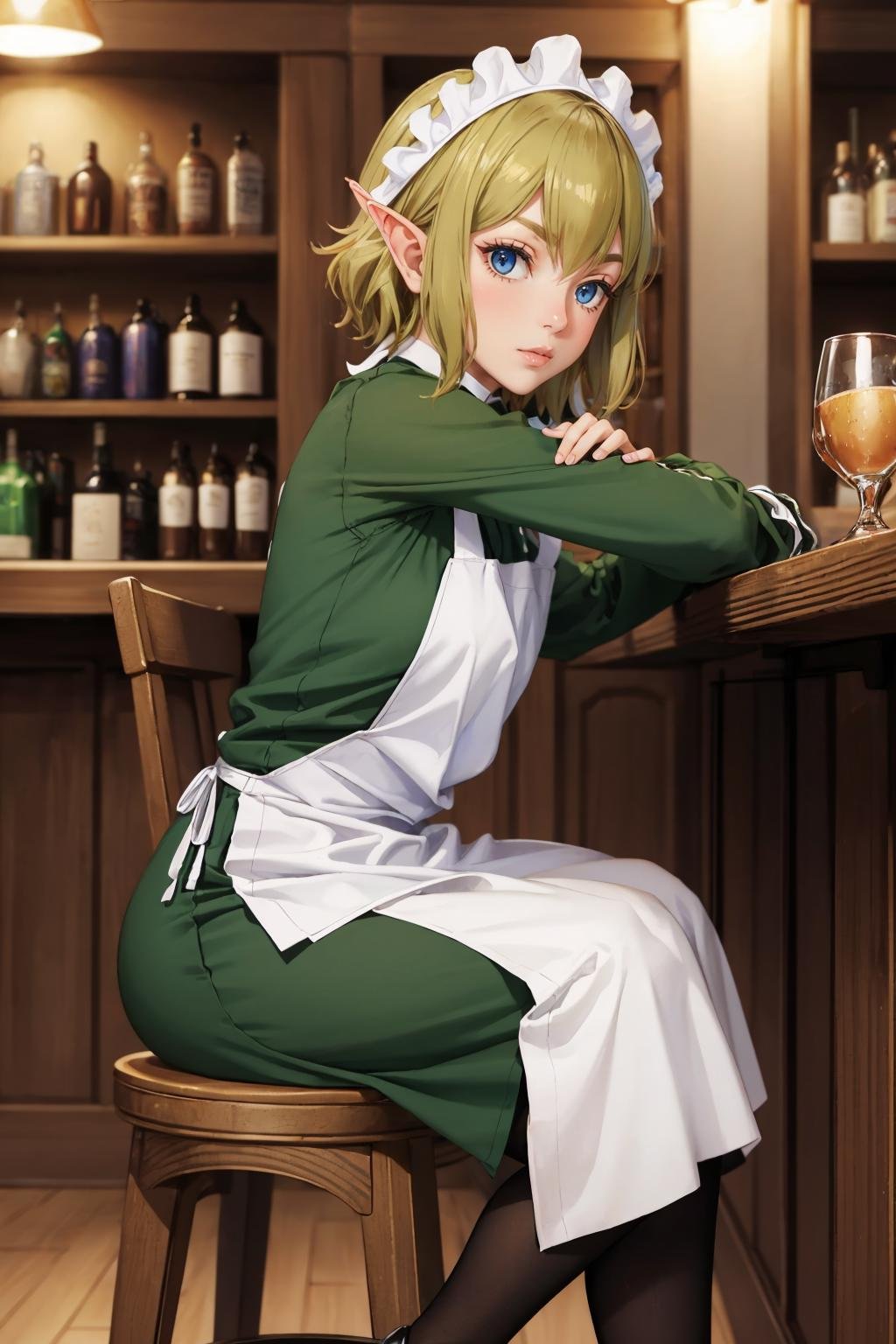 masterpiece, best quality, <lora:ryuulion-nvwls-v1-000008:0.9> ryuu, maid headdress, green dress, long sleeves, white apron, pantyhose, sitting, bar, tavern, stool, from side, looking at viewer