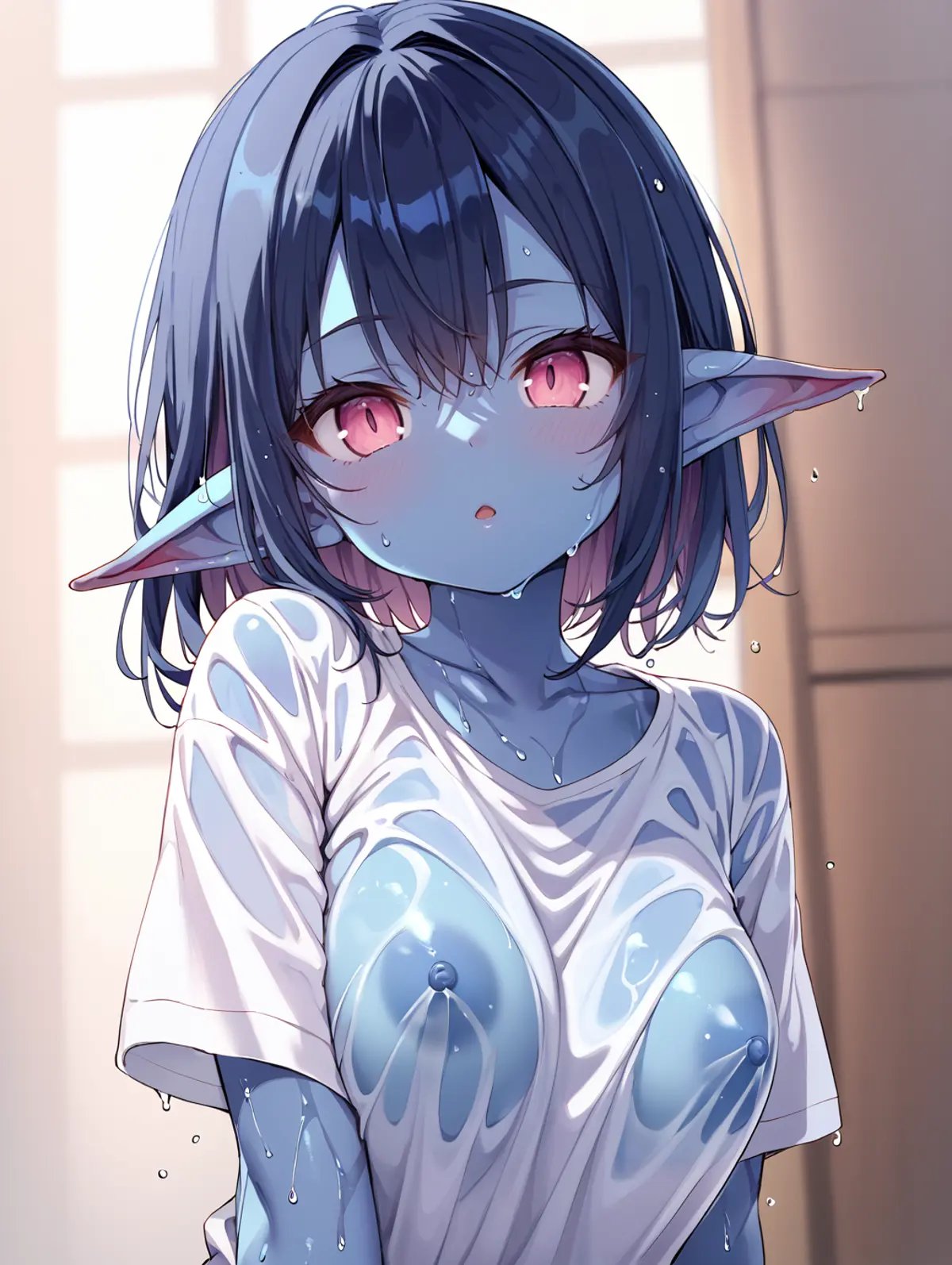 score_6_up, score_5_up, score_4_up, anime source,, 1girl, young, curvy chest, xxl shirt, goblin ears, (dark and blue skin), dark blue hair, pink eyes, wet body