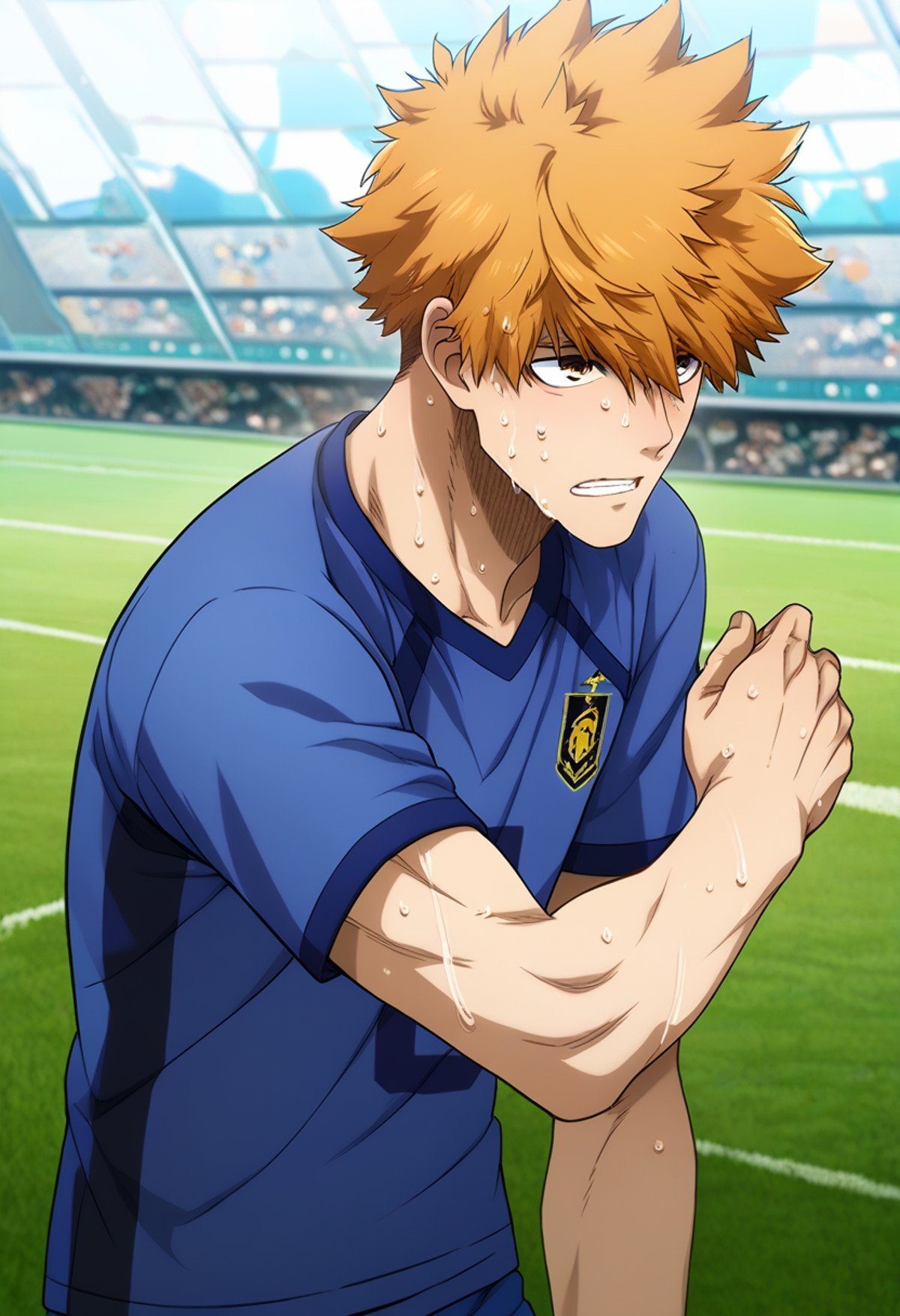 1boy, male focus,<lora:Character_-_Blue_Lock_-_Rensuke_Kunigami:1> rensuke, brown eyes, orange hair((zPDXL)), score_9_up, score_8_up, score_7_up, score_6_up, score_5_up, score_4_up, best quality, amazing quality, best aesthetic, absurdres, year2023, nsfw, game cg, official art, official style, uncensored,blue shirt, soccer field, depth of field, soccer uniform, upper body, sweat, very sweaty, 