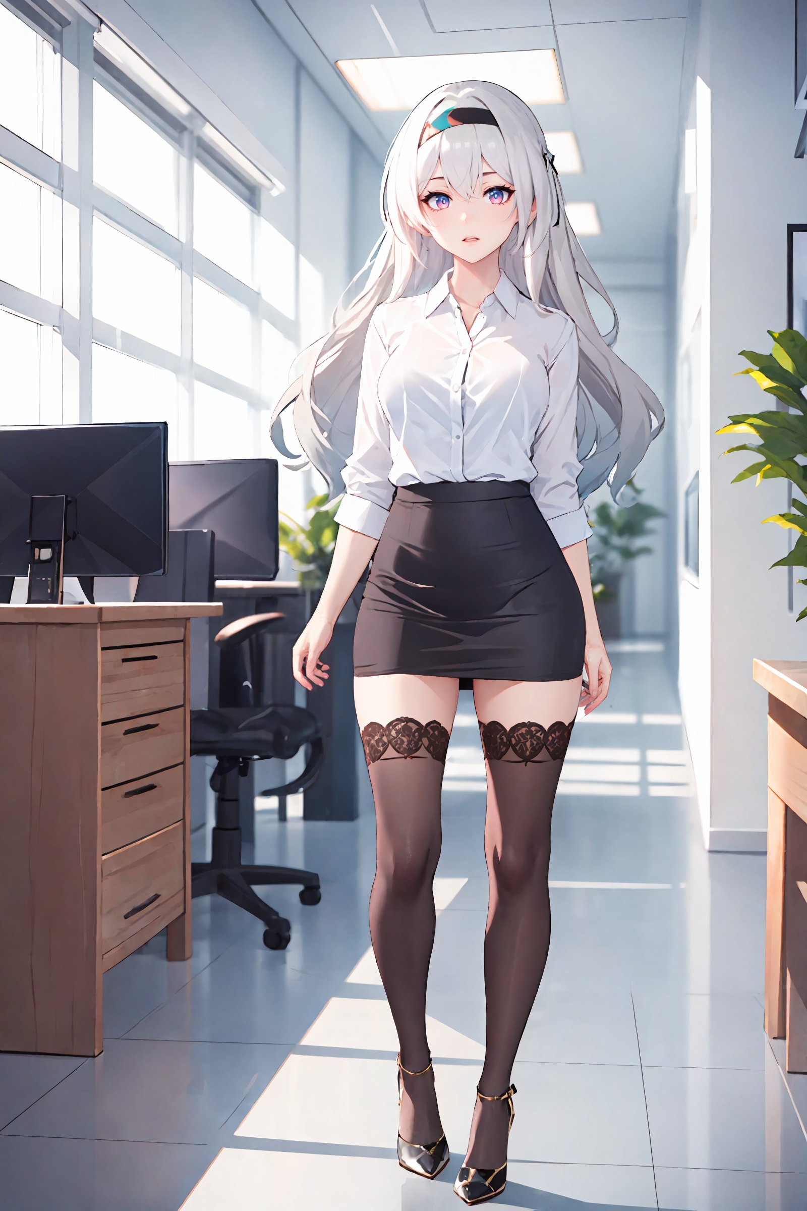 1girl, firefly \(honkai: star rail\), hairband, solo, office lady, collared shirt, white shirt, pencil skirt, black thighhighs, high heels, standing, full body, office, indoors, depth of field